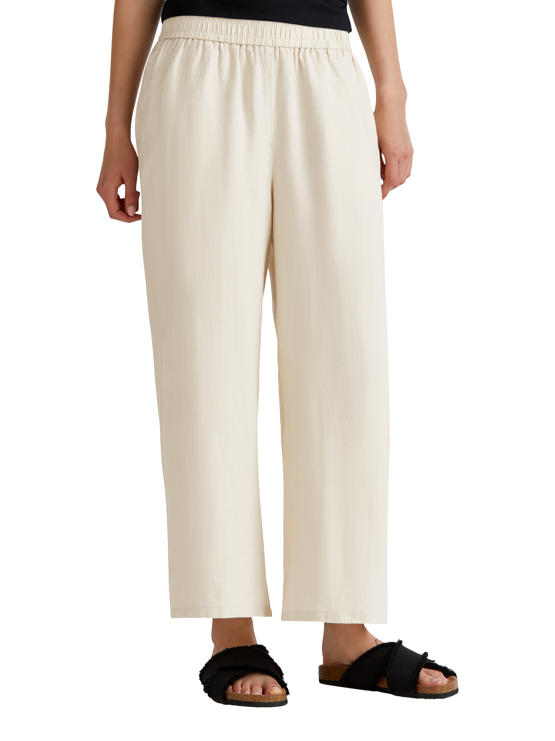 Product image 1 of 5, which shows Benetton Wide Leg Mid Cropped Linen Trousers, Natural Cream, XS