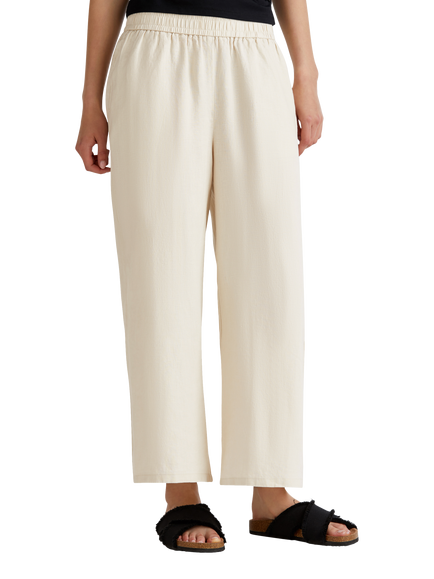 Benetton Wide Leg Mid Cropped Linen Trousers, Natural Cream
