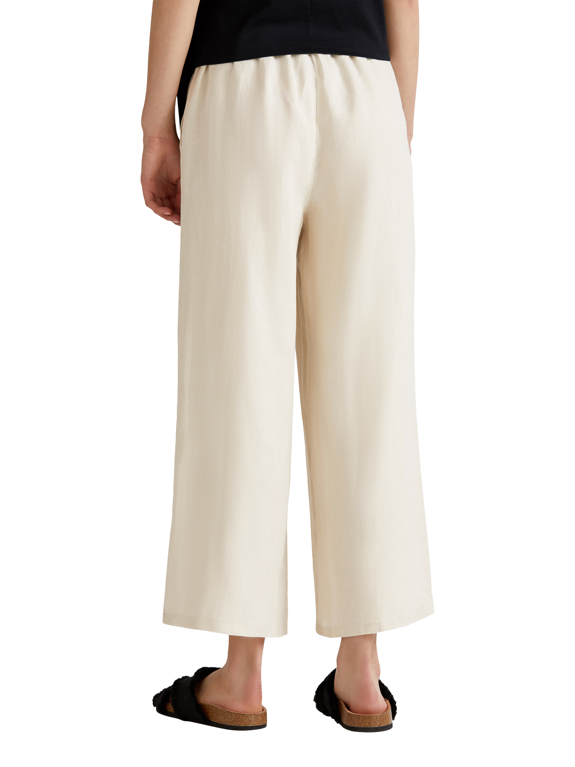 Product image 2 of 5, which shows Benetton Wide Leg Mid Cropped Linen Trousers, Natural Cream, XS