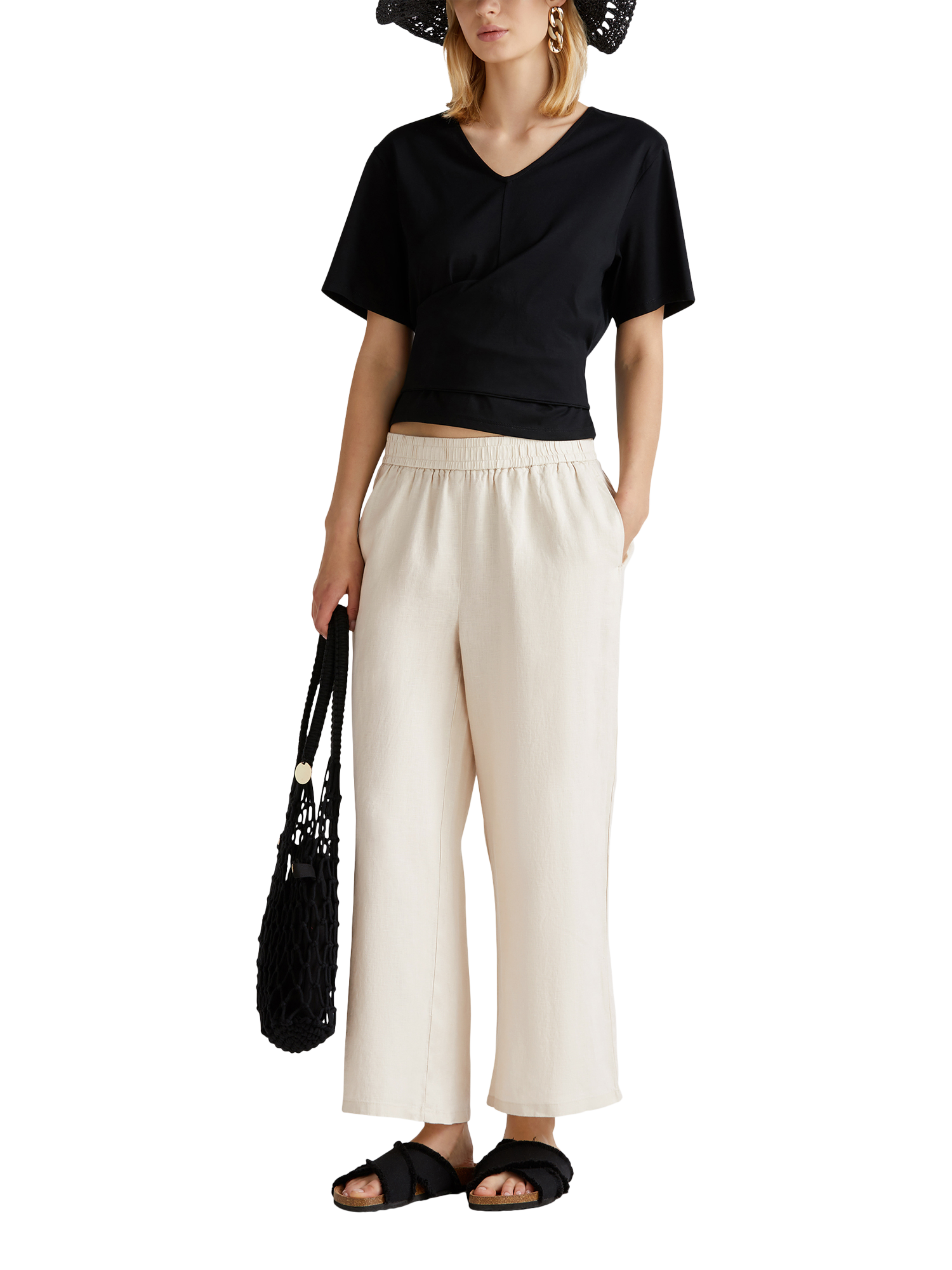 Product image 3 of 5, which shows Benetton Wide Leg Mid Cropped Linen Trousers, Natural Cream, XS