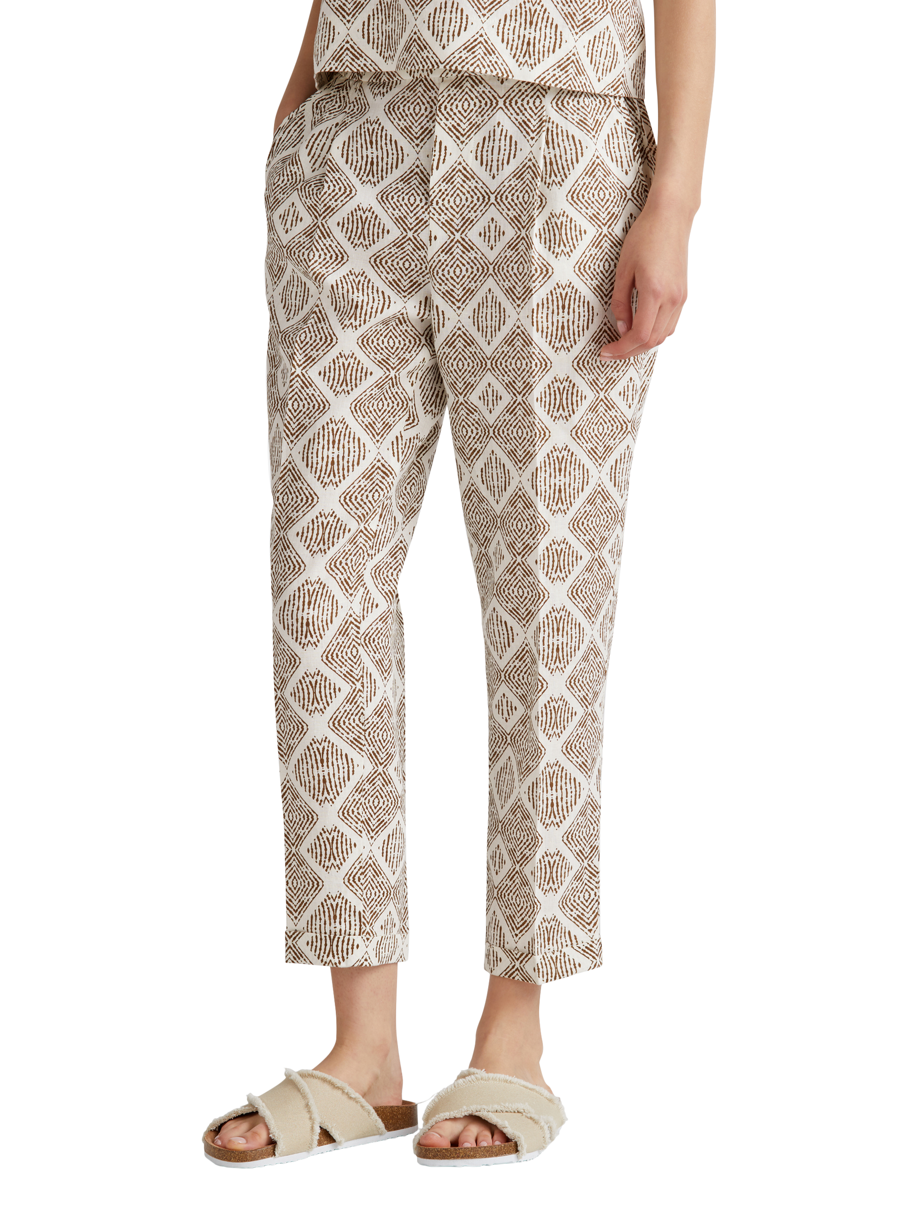 Product image 1 of 5, which shows Benetton Mid Cropped Abstract Print Linen Cigarette Trousers, Brown/Multi, XS
