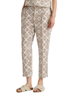 Benetton Mid Cropped Abstract Print Linen Cigarette Trousers, Brown/Multi