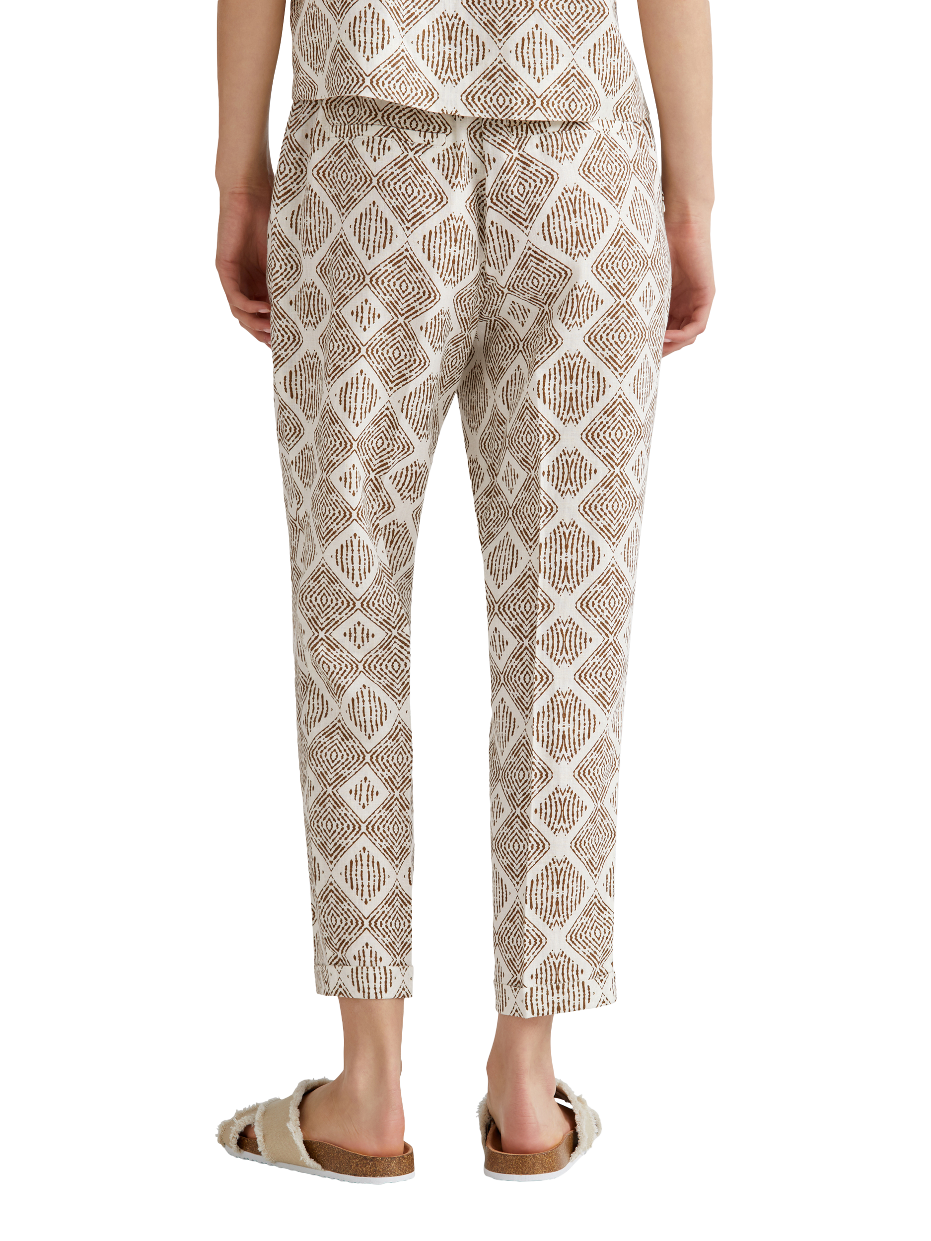 Product image 2 of 5, which shows Benetton Mid Cropped Abstract Print Linen Cigarette Trousers, Brown/Multi, XS