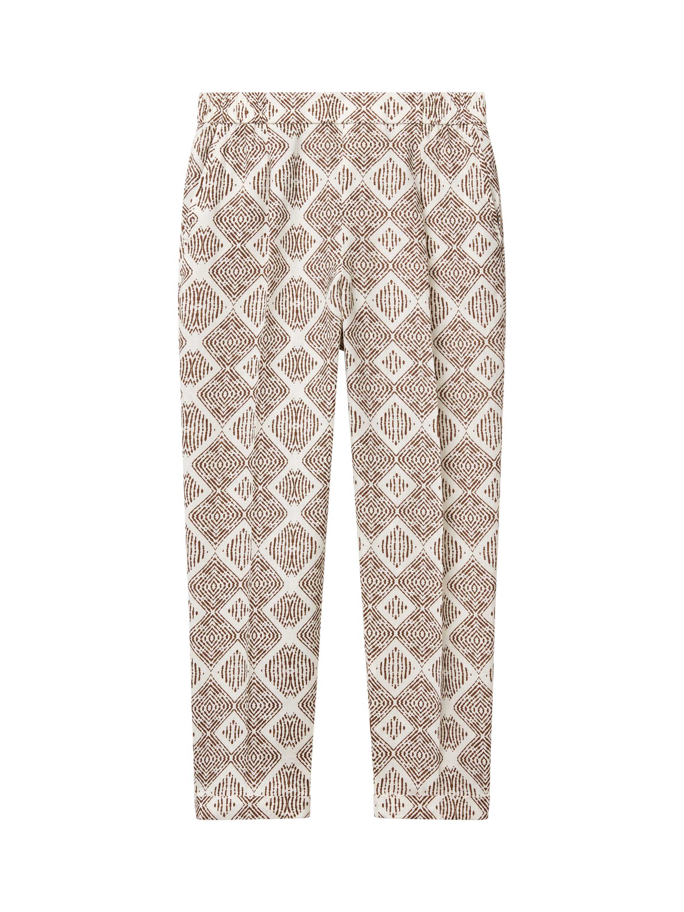 Product image 4 of 5, which shows Benetton Mid Cropped Abstract Print Linen Cigarette Trousers, Brown/Multi, XS