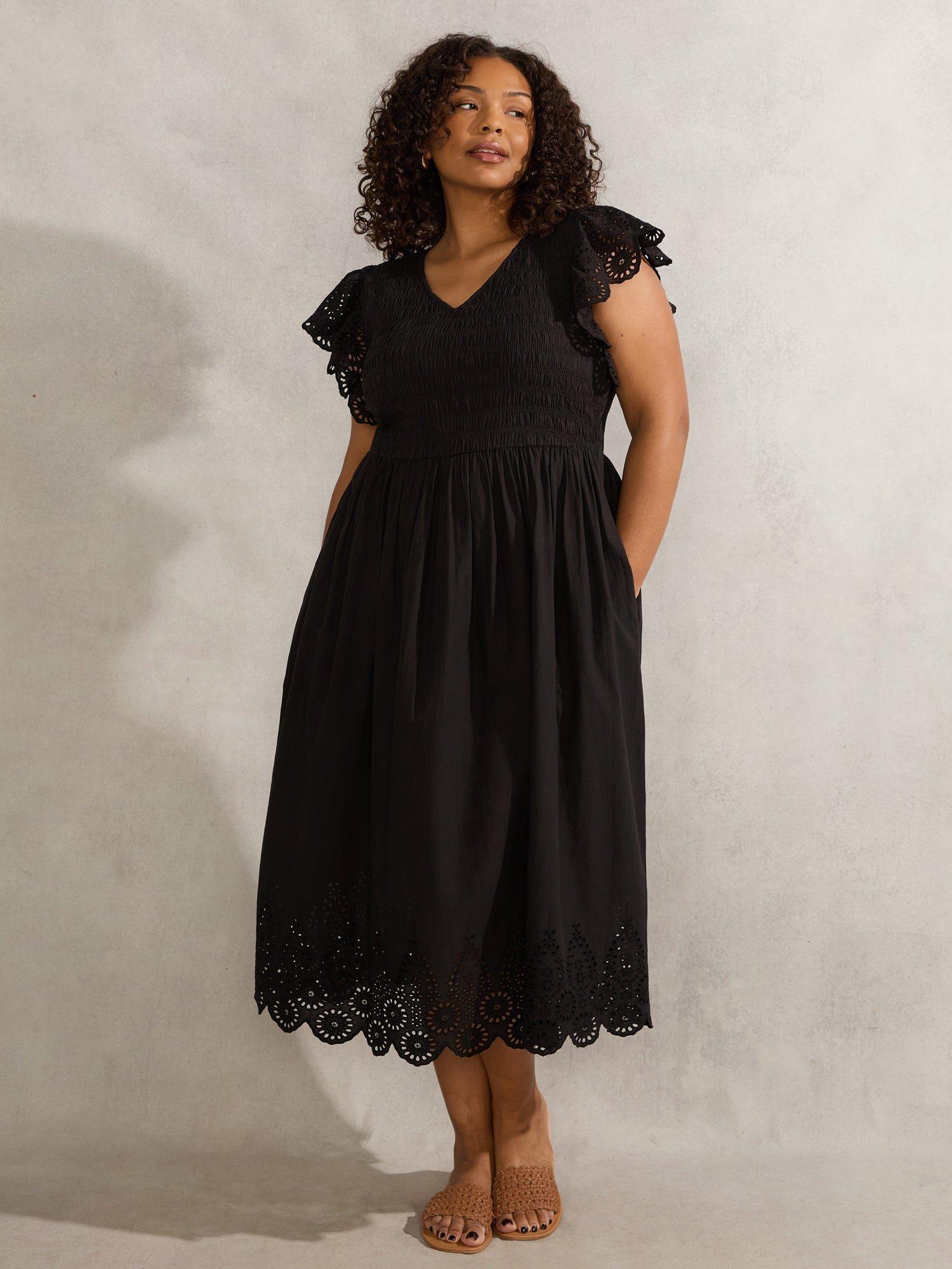 Product image 1 of 7, which shows Live Unlimited Curve Flutter Sleeve Broderie Cotton Midi Dress, Black, 16