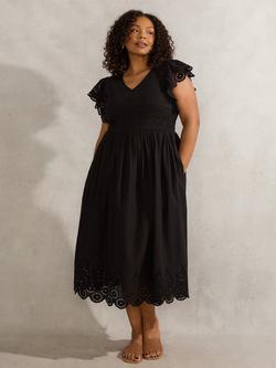 Live Unlimited Curve Flutter Sleeve Broderie Cotton Midi Dress, Black, Black