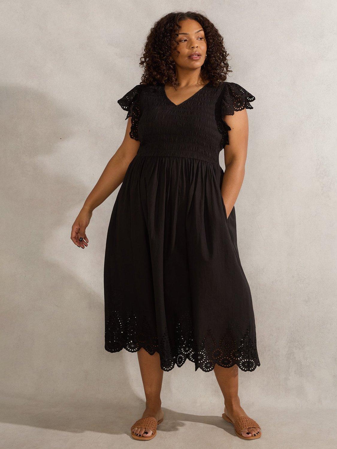 Product image 2 of 7, which shows Live Unlimited Curve Flutter Sleeve Broderie Cotton Midi Dress, Black, 16