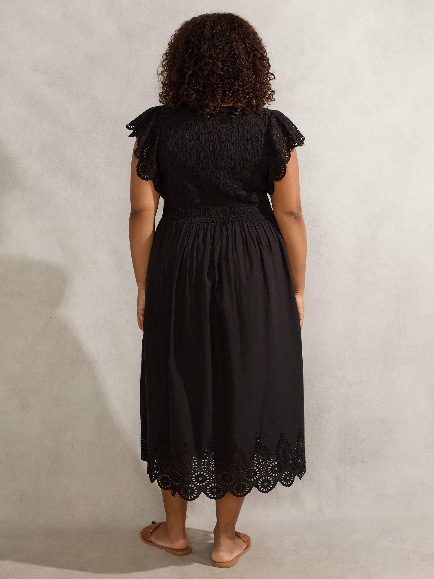 Product image 3 of 7, which shows Live Unlimited Curve Flutter Sleeve Broderie Cotton Midi Dress, Black, 16