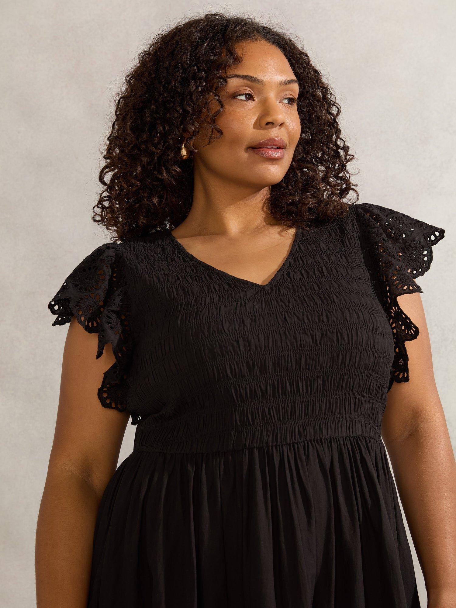 Product image 4 of 7, which shows Live Unlimited Curve Flutter Sleeve Broderie Cotton Midi Dress, Black, 16