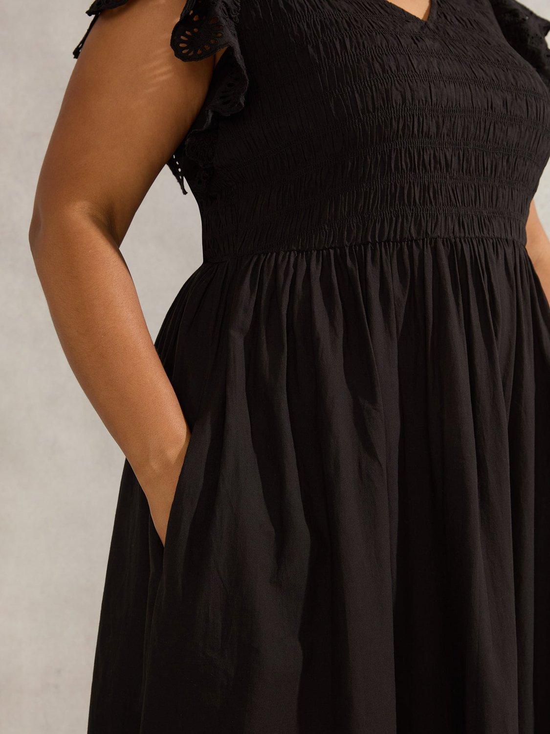 Product image 5 of 7, which shows Live Unlimited Curve Flutter Sleeve Broderie Cotton Midi Dress, Black, 16
