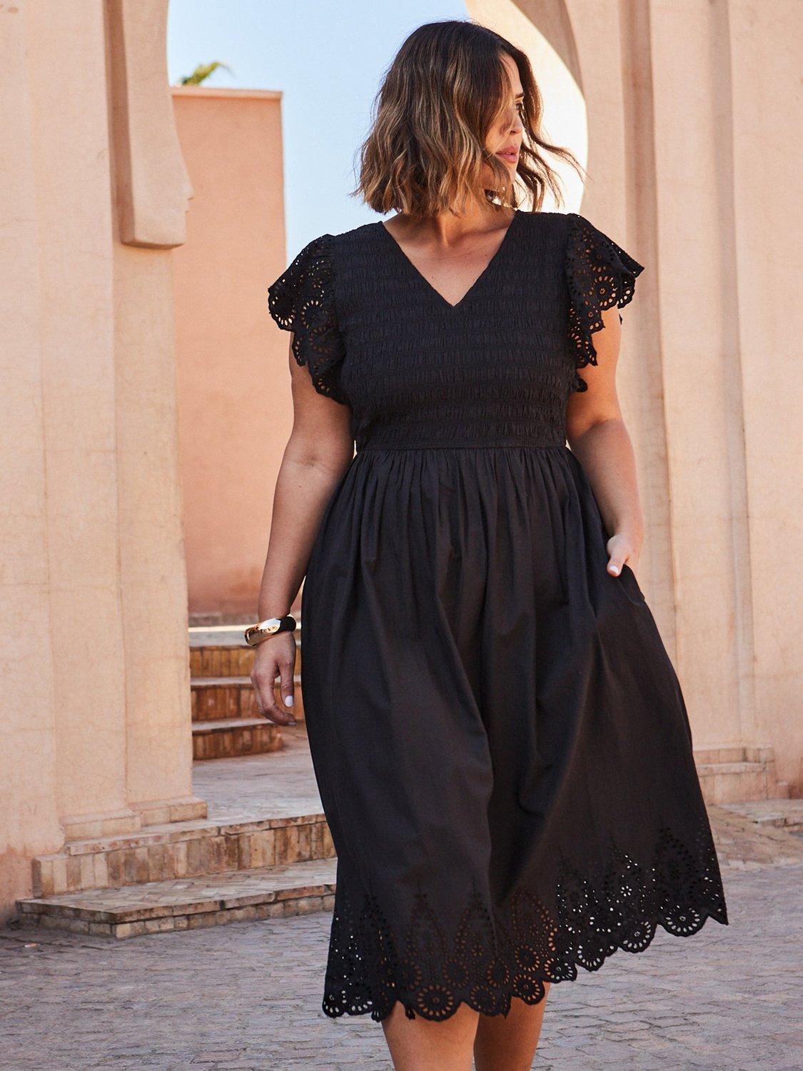Product image 6 of 7, which shows Live Unlimited Curve Flutter Sleeve Broderie Cotton Midi Dress, Black, 16