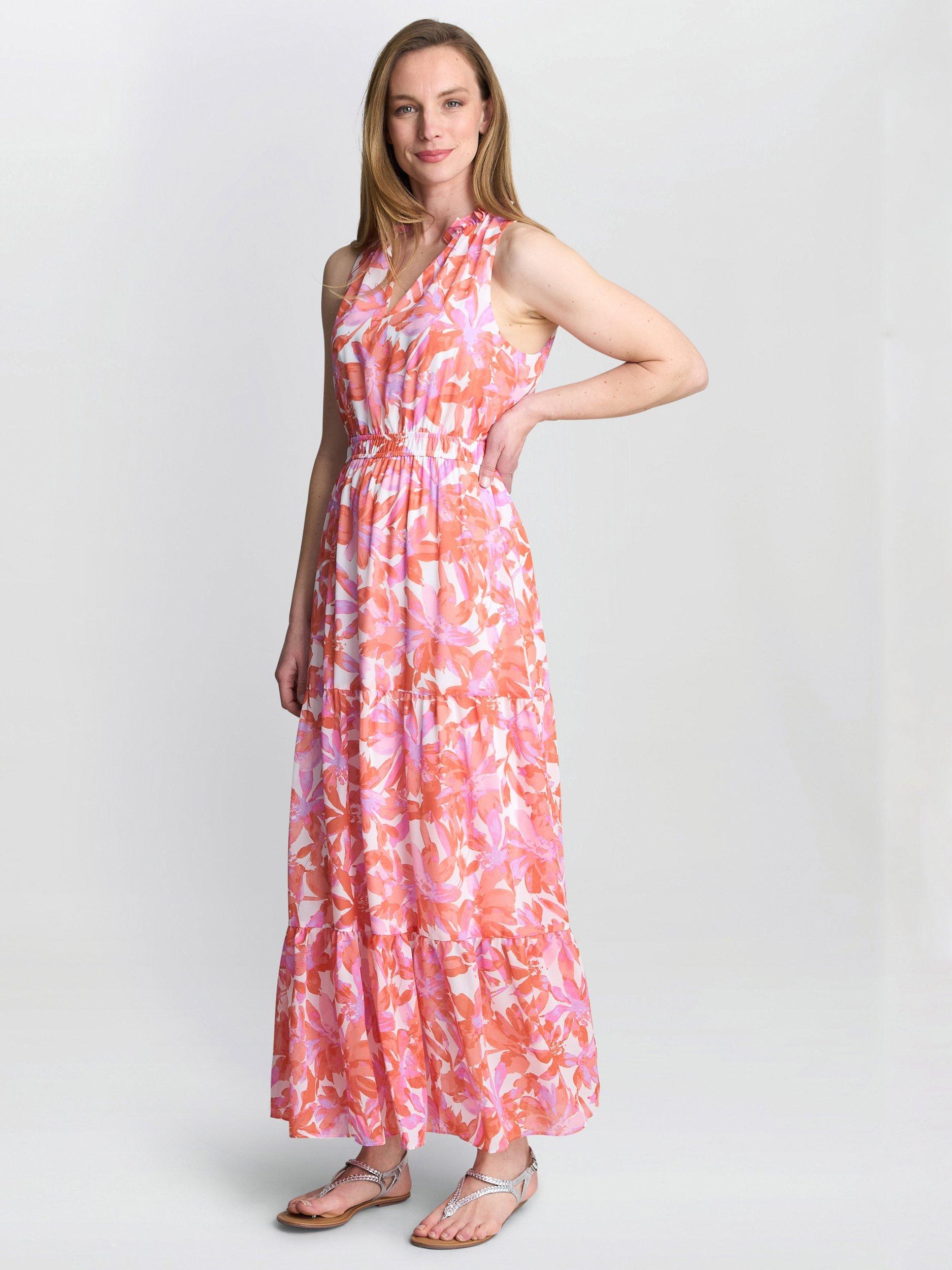 Product image 1 of 6, which shows Gina Bacconi Roweena Floral Maxi Dress, Coral, S