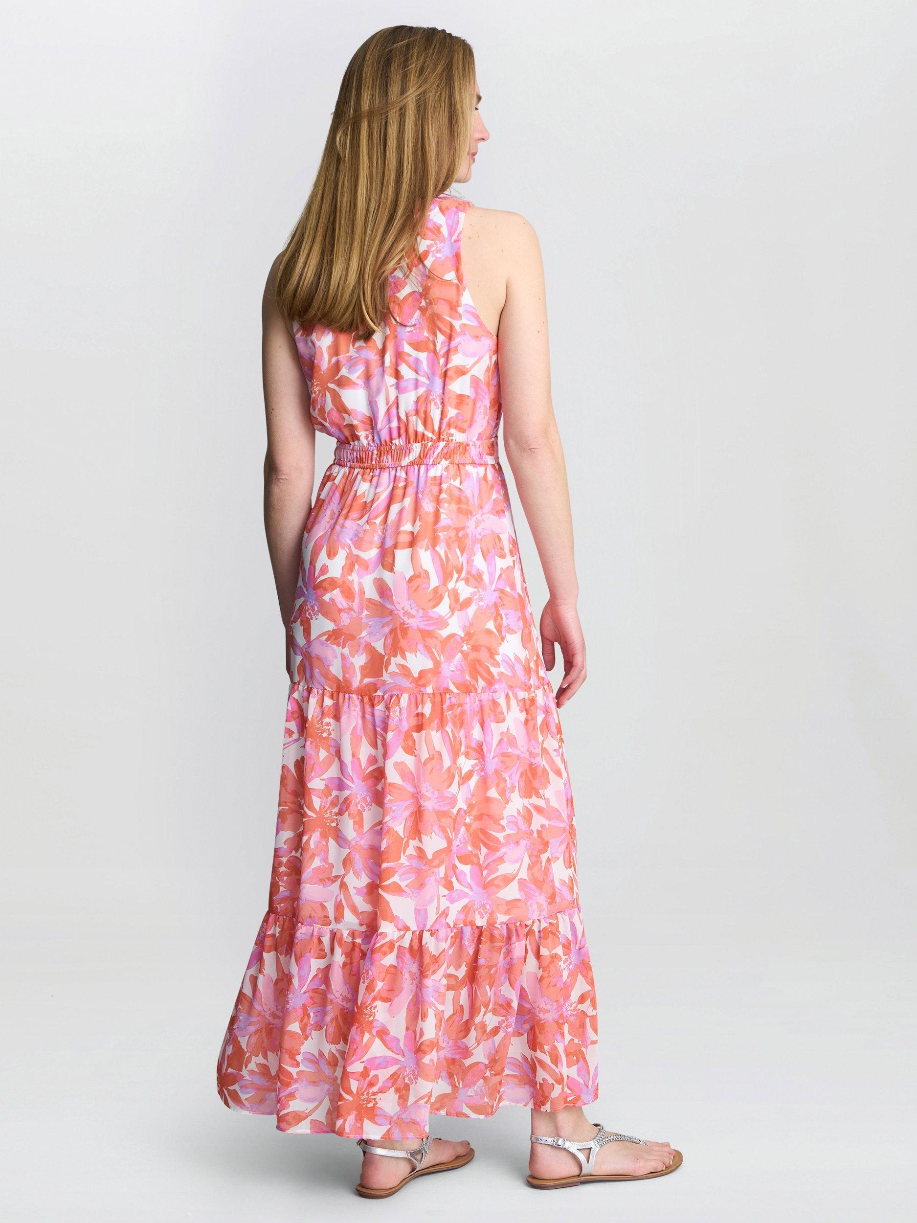 Product image 2 of 6, which shows Gina Bacconi Roweena Floral Maxi Dress, Coral, S