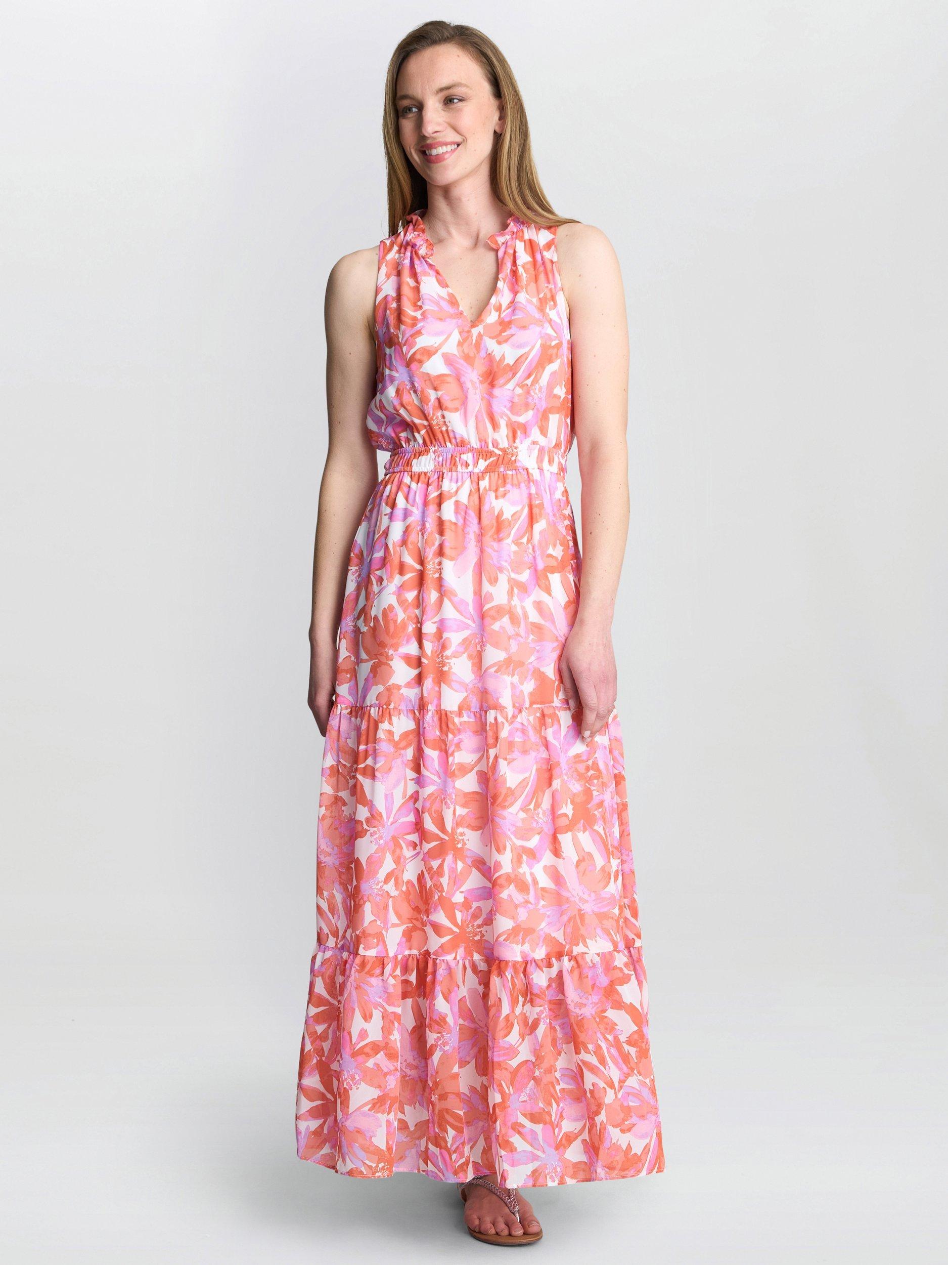 Product image 3 of 6, which shows Gina Bacconi Roweena Floral Maxi Dress, Coral, S