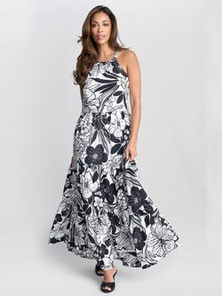 Gina Bacconi Dina Crepe Halter Floral Maxi Dress, Black/White, Black/White