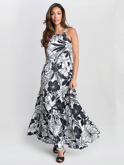 Gina Bacconi Dina Crepe Halter Floral Maxi Dress, Black/White, Black/White