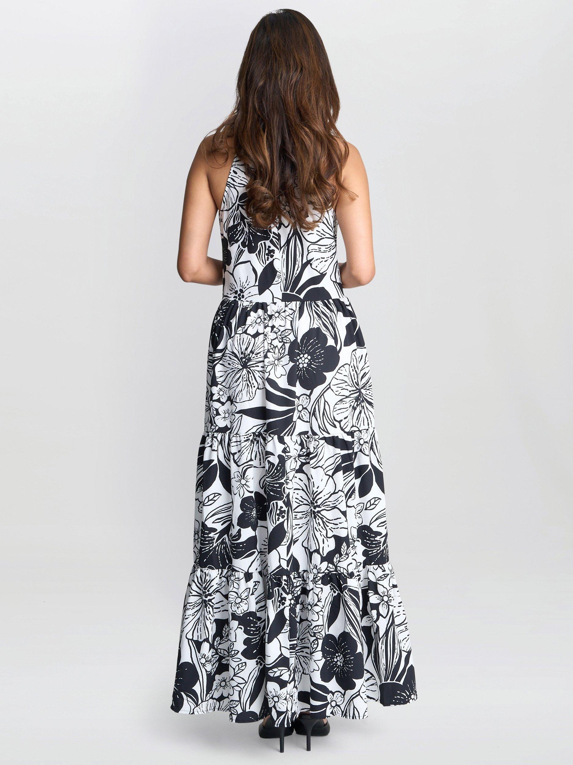 Product image 2 of 5, which shows Gina Bacconi Dina Crepe Halter Floral Maxi Dress, Black/White, S