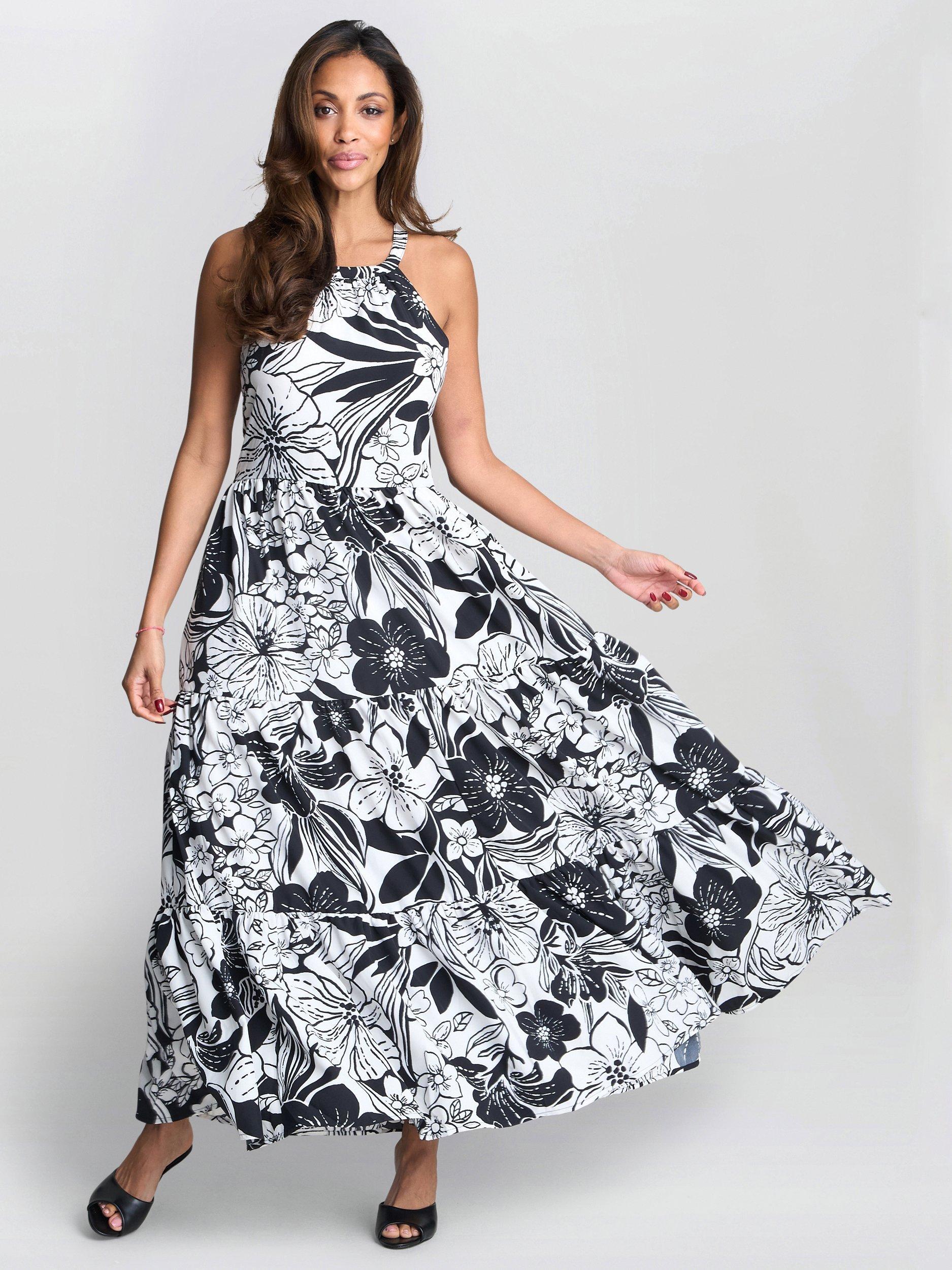 Product image 3 of 5, which shows Gina Bacconi Dina Crepe Halter Floral Maxi Dress, Black/White, S