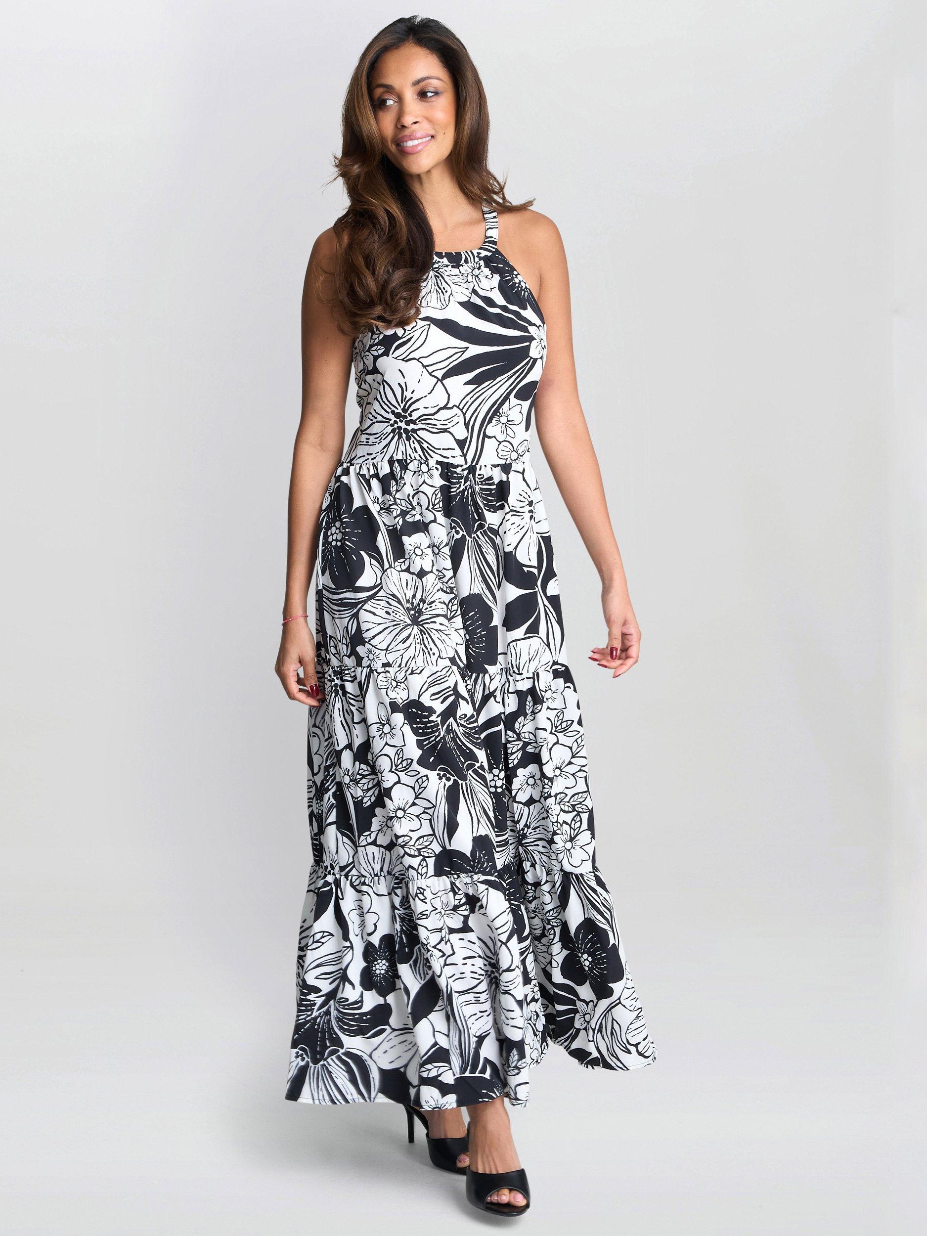 Product image 5 of 5, which shows Gina Bacconi Dina Crepe Halter Floral Maxi Dress, Black/White, S
