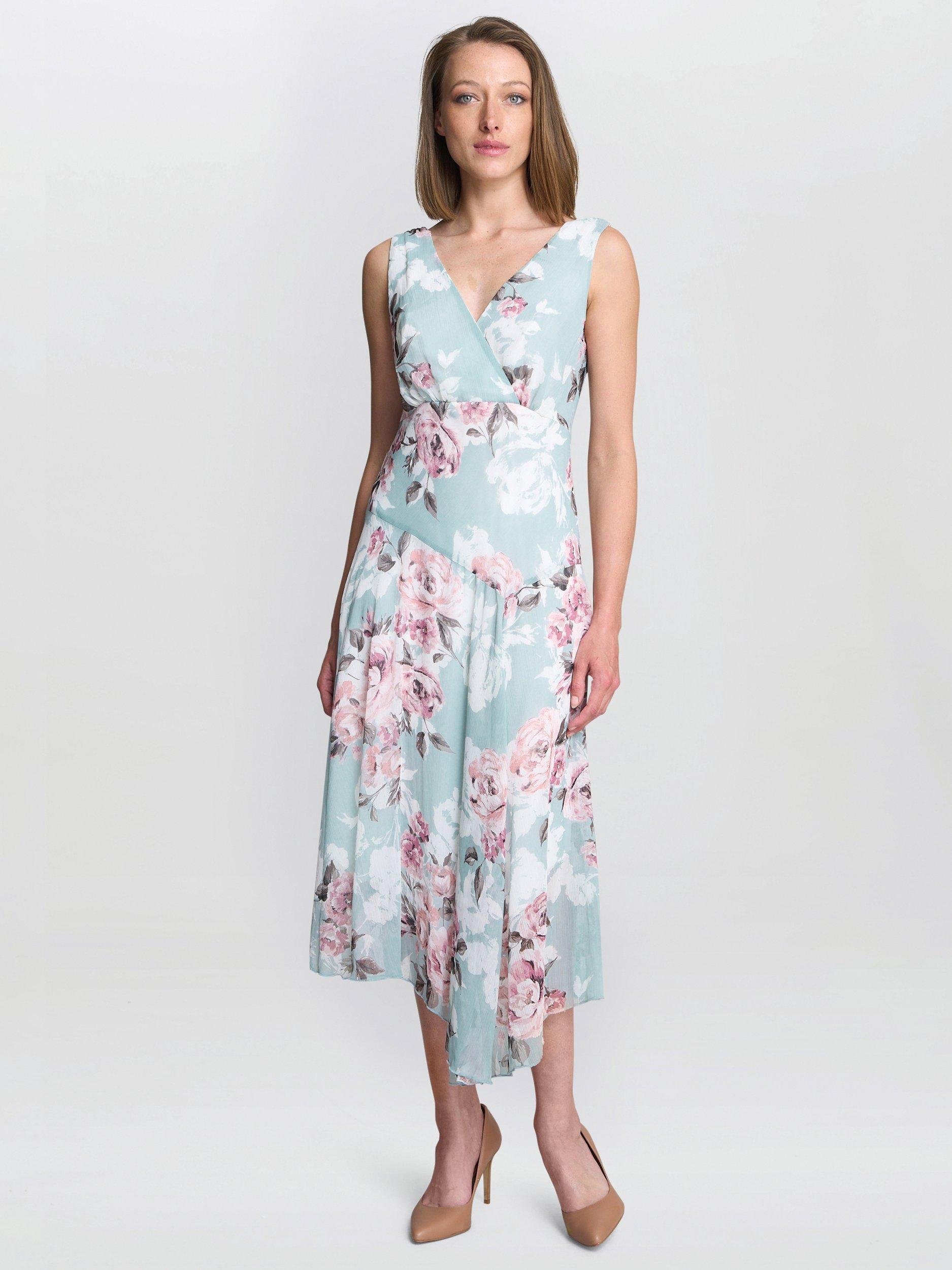 Product image 1 of 6, which shows Gina Bacconi India Floral Asymmetric Midi Dress, Blue/Multi, 8
