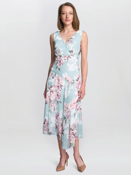 Gina Bacconi India Floral Asymmetric Midi Dress, Blue/Multi, Blue/Multi