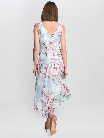 Gina Bacconi India Floral Asymmetric Midi Dress, Blue/Multi - view 2, Blue/Multi