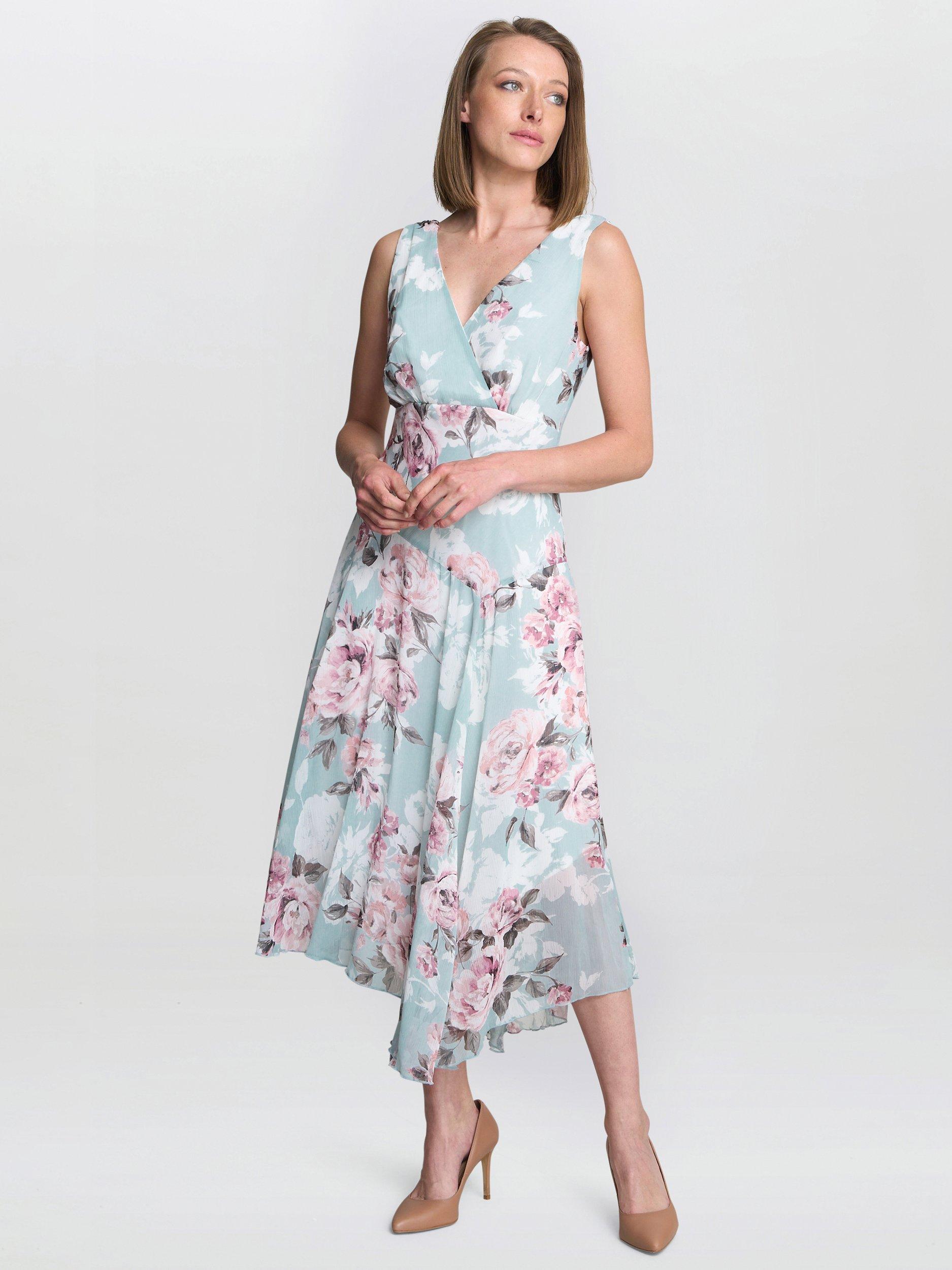 Product image 3 of 6, which shows Gina Bacconi India Floral Asymmetric Midi Dress, Blue/Multi, 8