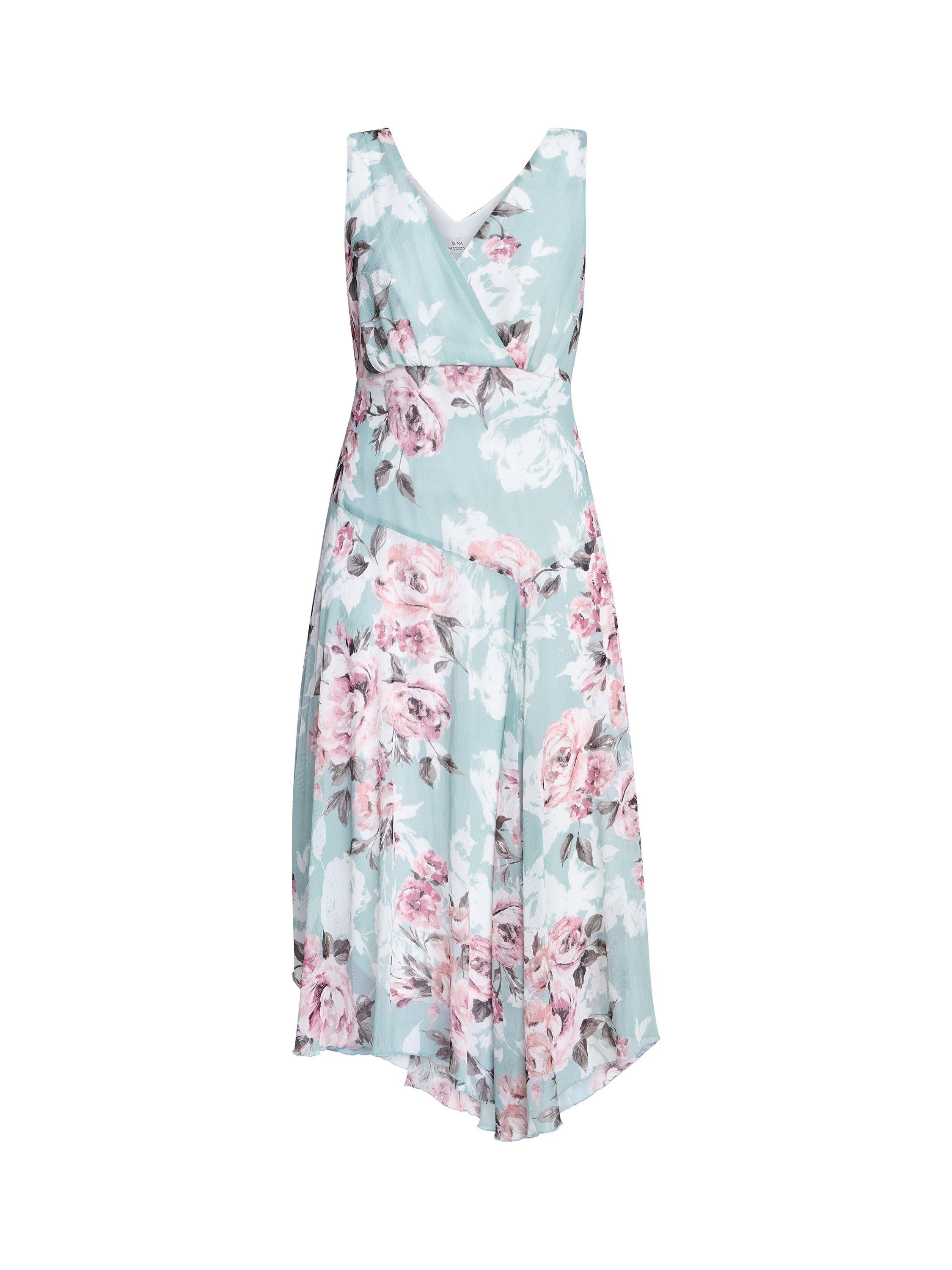 Product image 4 of 6, which shows Gina Bacconi India Floral Asymmetric Midi Dress, Blue/Multi, 8