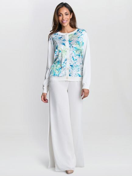 Gina Bacconi Vilma Floral Satin Front Cardigan, White/Multi - view 2, White/Multi