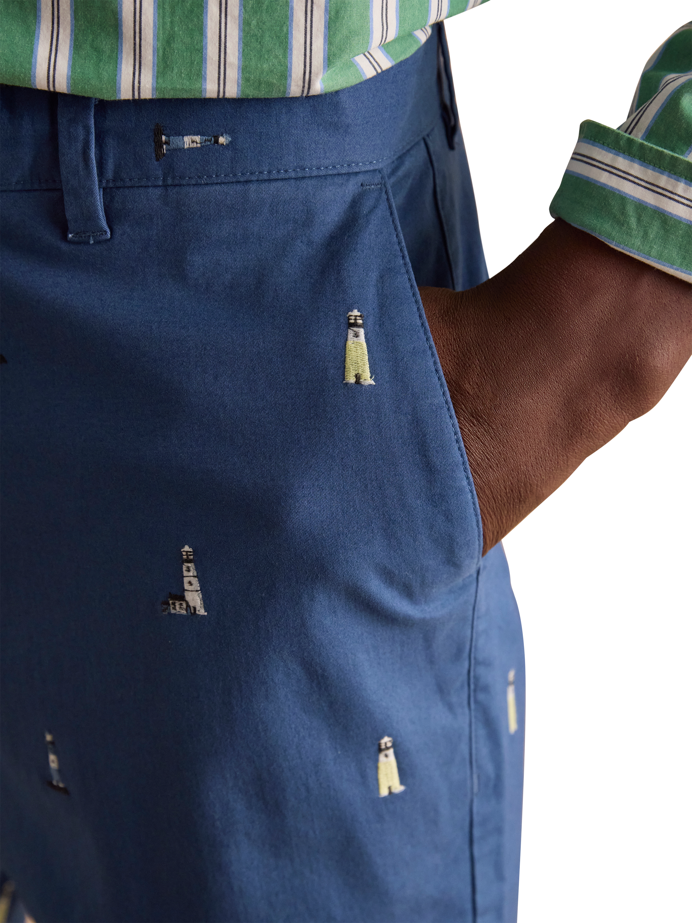 Product image 4 of 6, which shows Joules Embroidered Motif Chino Shorts, Blue, 30R