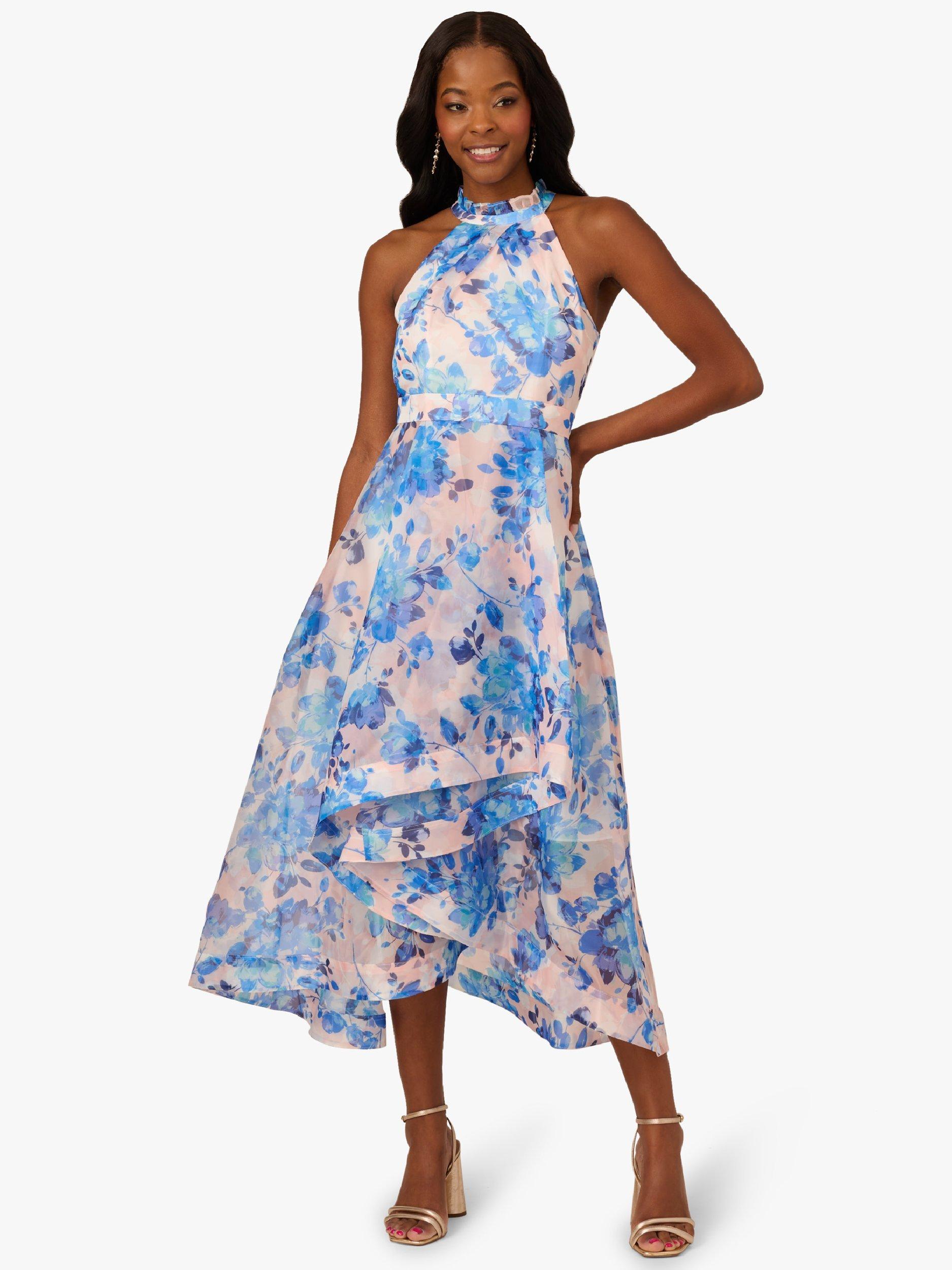 Adrianna Papell Floral Organza Dip Hem Dress, Blush/Blue