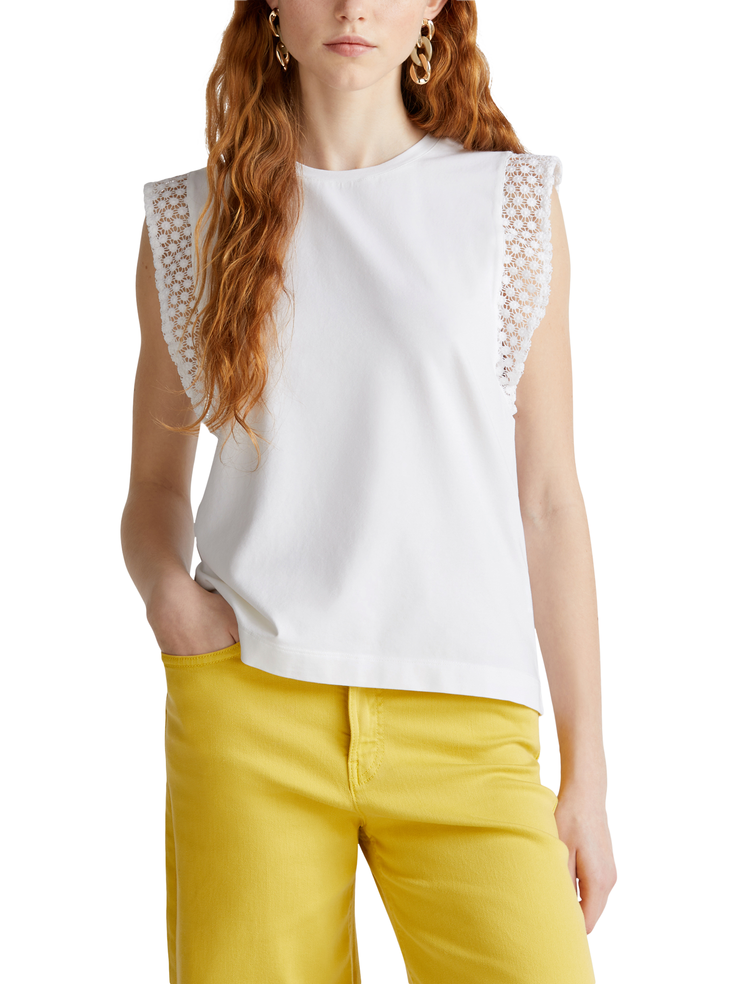 Product image 1 of 4, which shows Benetton Macramé Detail Jersey Top, Optical White, XS