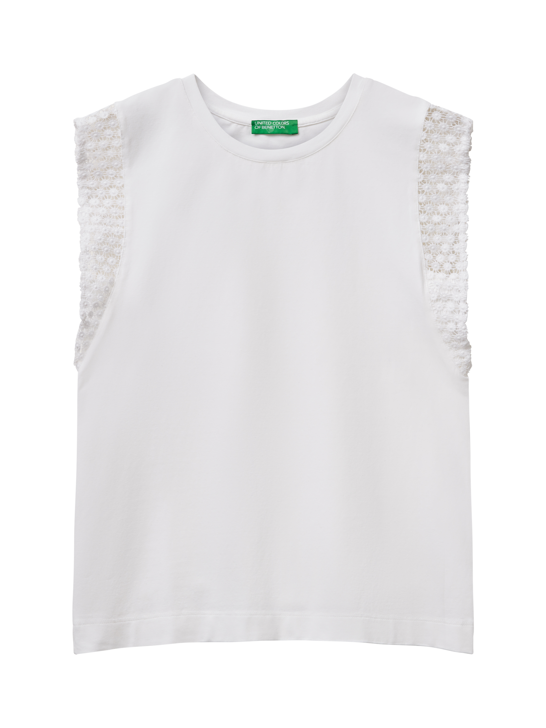 Product image 3 of 4, which shows Benetton Macramé Detail Jersey Top, Optical White, XS