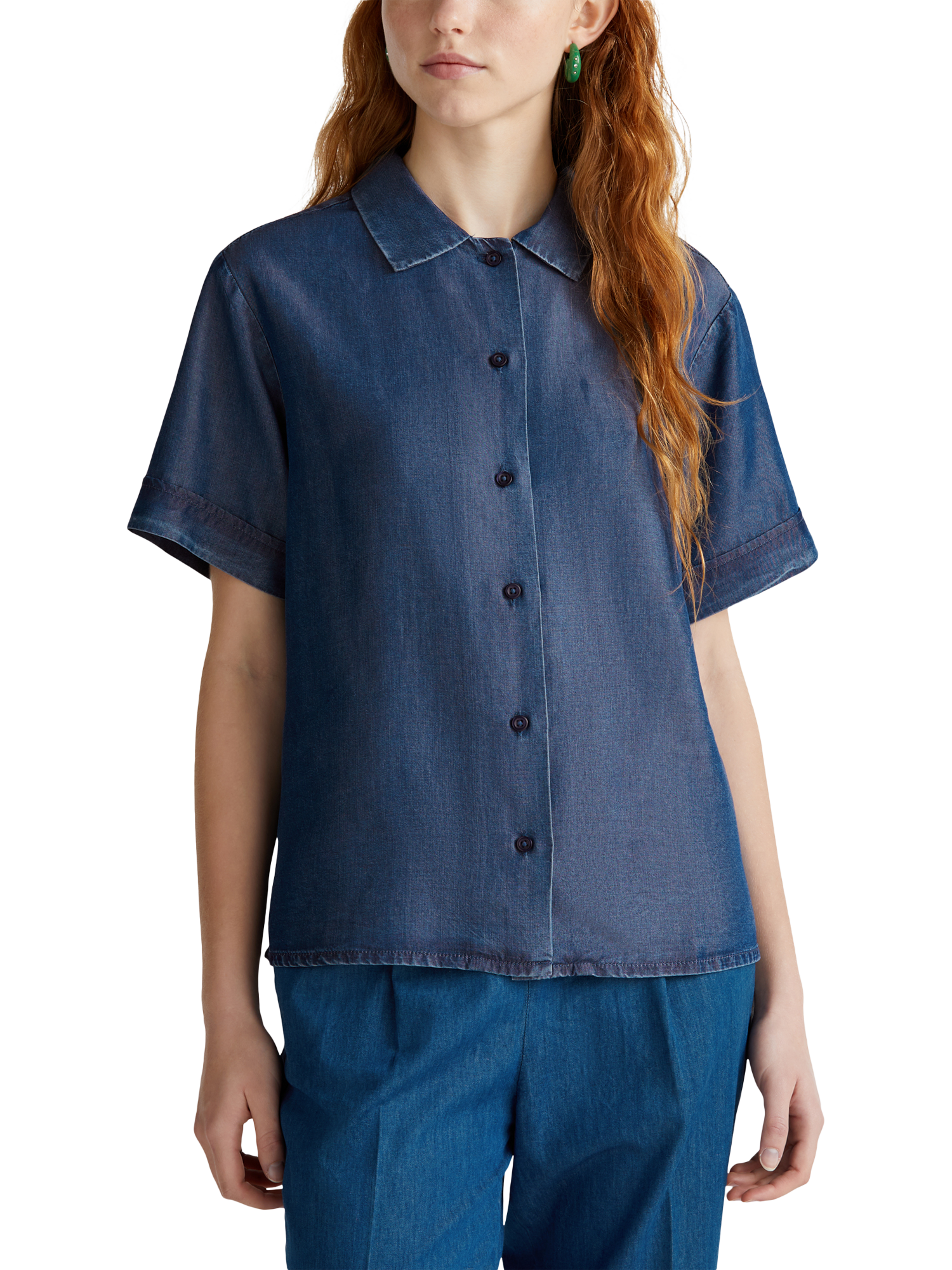 Product image 1 of 4, which shows Benetton Boxy Short Sleeve Denim Shirt, Medium Blue, XS