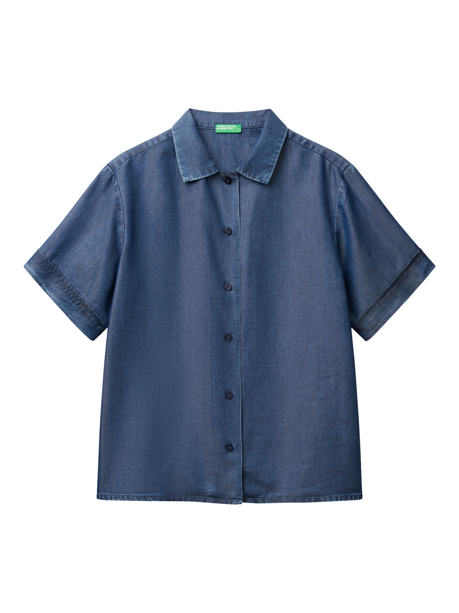 Product image 3 of 4, which shows Benetton Boxy Short Sleeve Denim Shirt, Medium Blue, XS