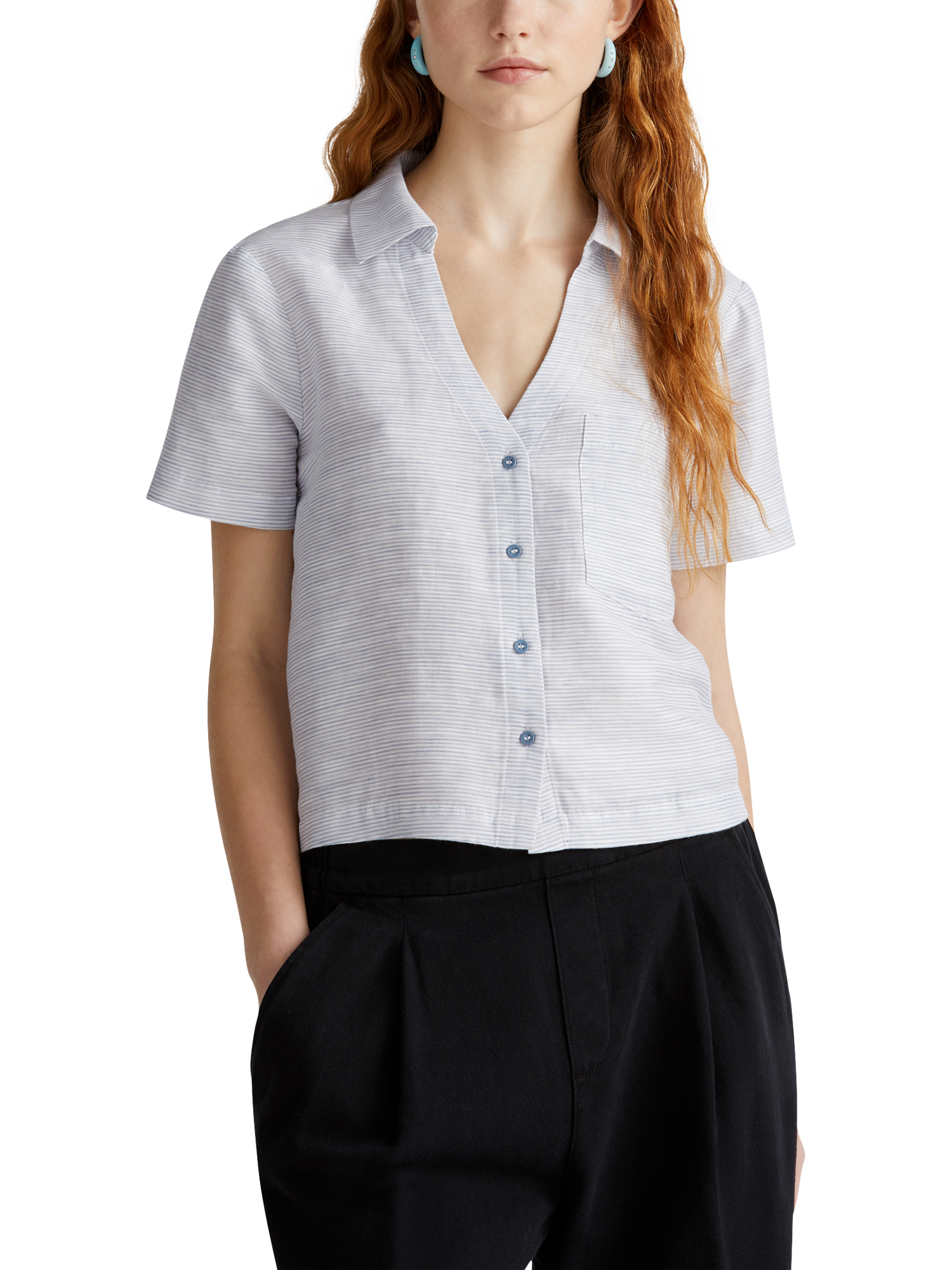 Product image 1 of 4, which shows Benetton Boxy Short Sleeve Linen Blend Shirt, Air Force Blue, XS