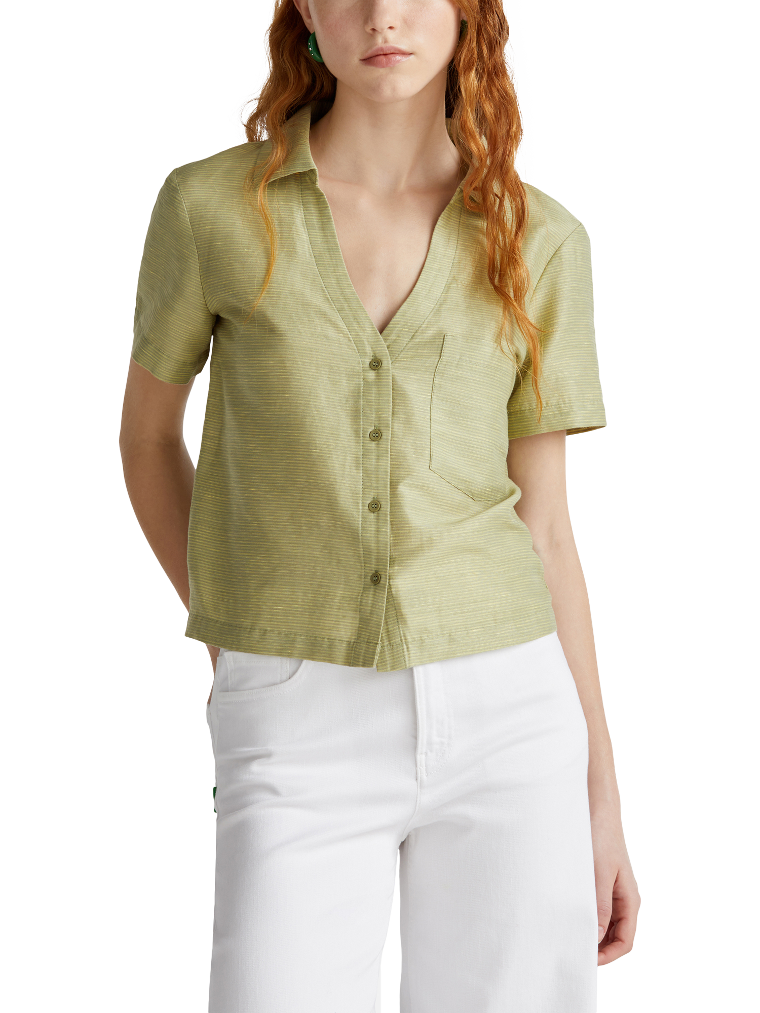 Product image 1 of 4, which shows Benetton Boxy Short Sleeve Linen Blend Shirt, Olive Green, XS