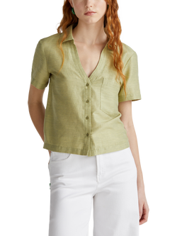 Benetton Boxy Short Sleeve Linen Blend Shirt, Olive Green