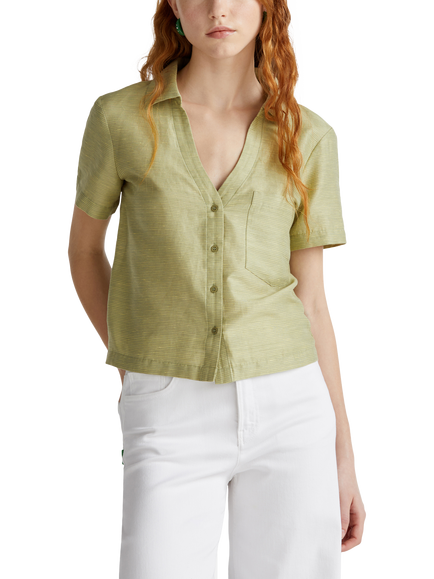 Benetton Boxy Short Sleeve Linen Blend Shirt, Olive Green