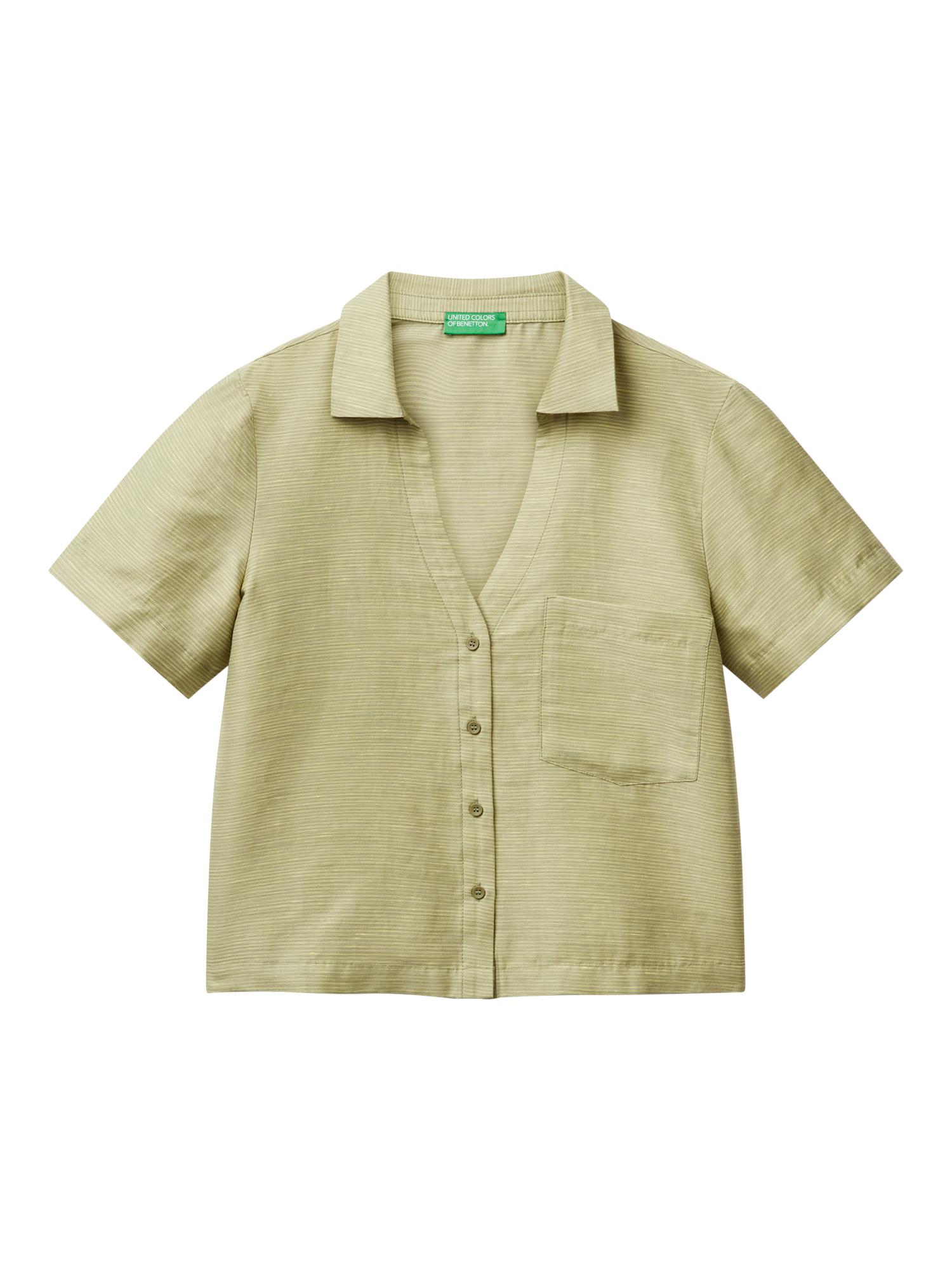 Product image 3 of 4, which shows Benetton Boxy Short Sleeve Linen Blend Shirt, Olive Green, XS
