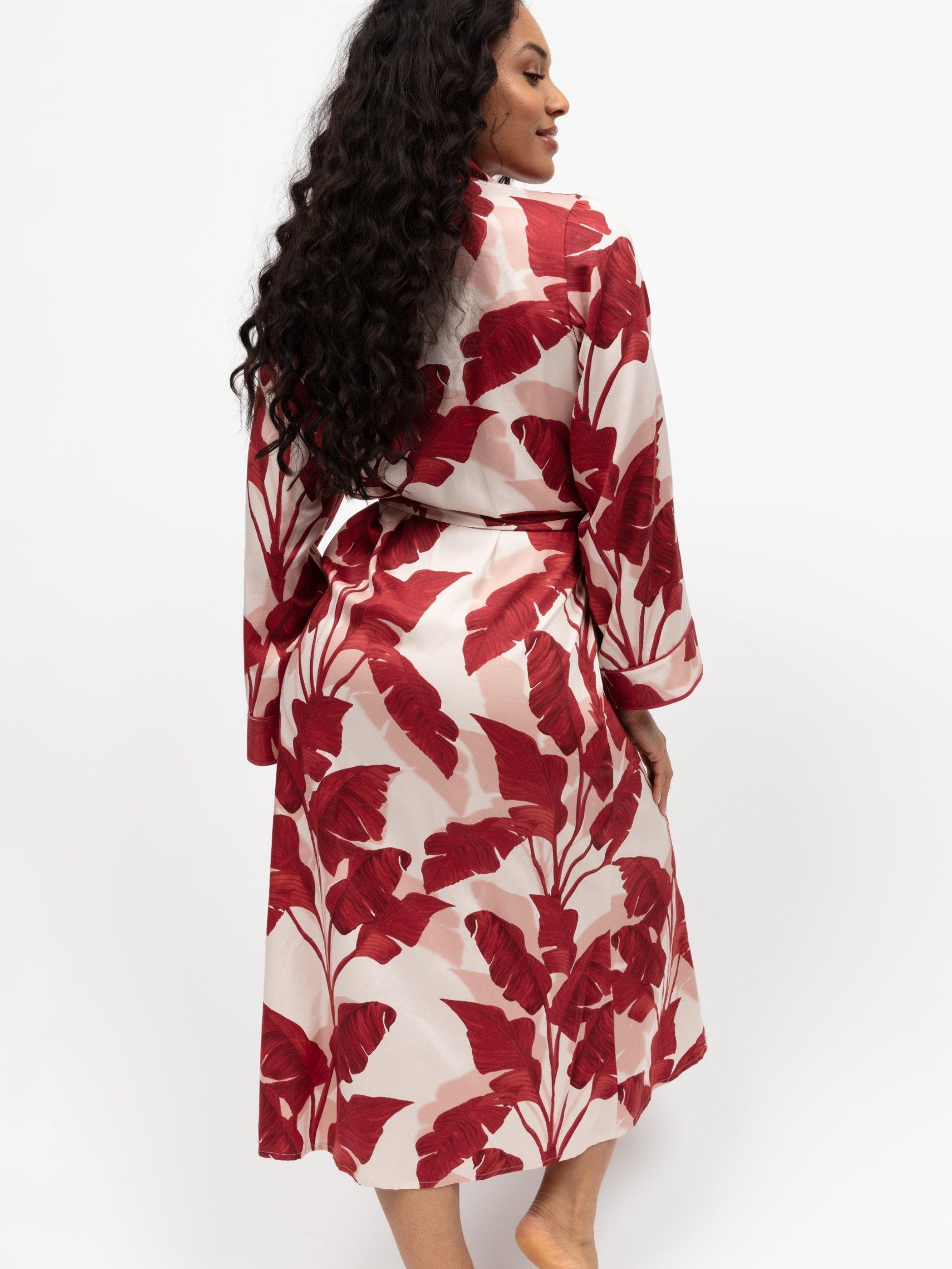 Product image 3 of 4, which shows Fable & Eve Shoreditch Leaf Print Dressing Gown, Red, 8