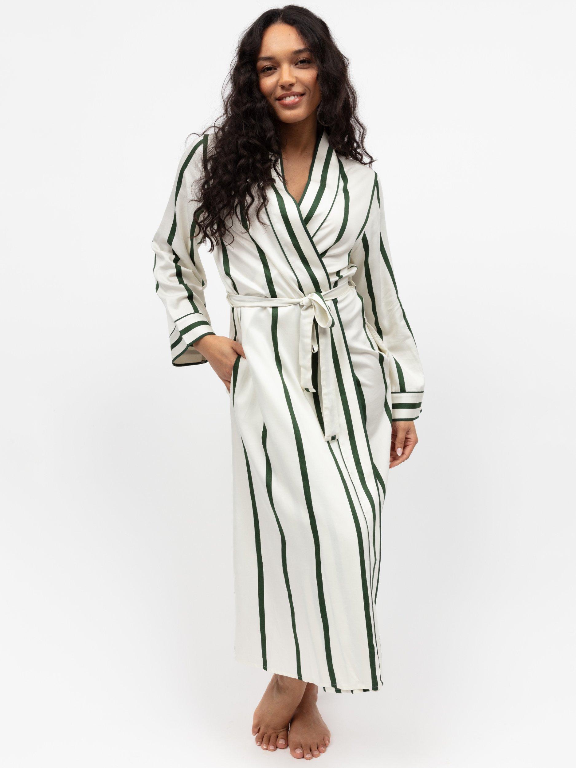 Product image 1 of 3, which shows Fable & Eve Maida Vale Stripe Maxi Dressing Gown, Olive Green, 8