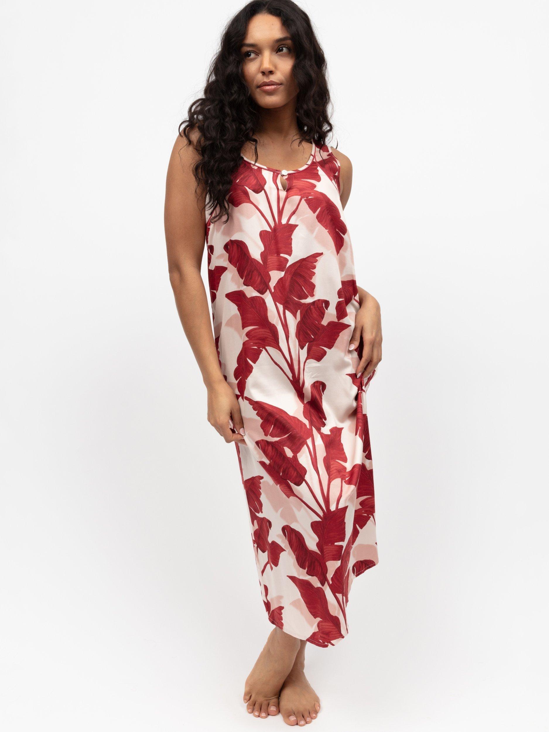 Product image 1 of 4, which shows Fable & Eve Shoreditch Leaf Print Nightdress, Red, 8
