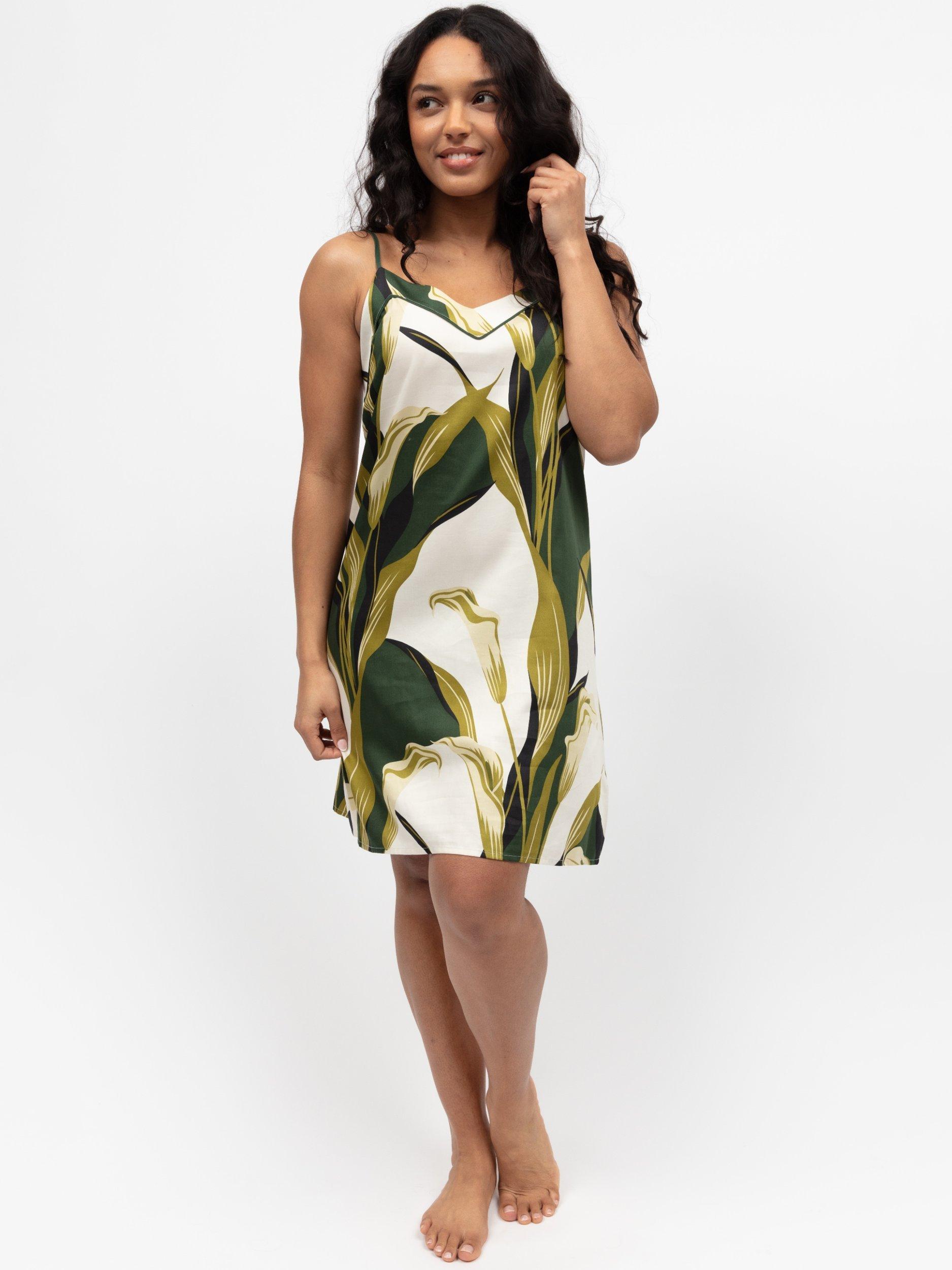 Product image 1 of 3, which shows Fable & Eve Maida Vale Floral Strappy Nightdress, Olive Green, 8
