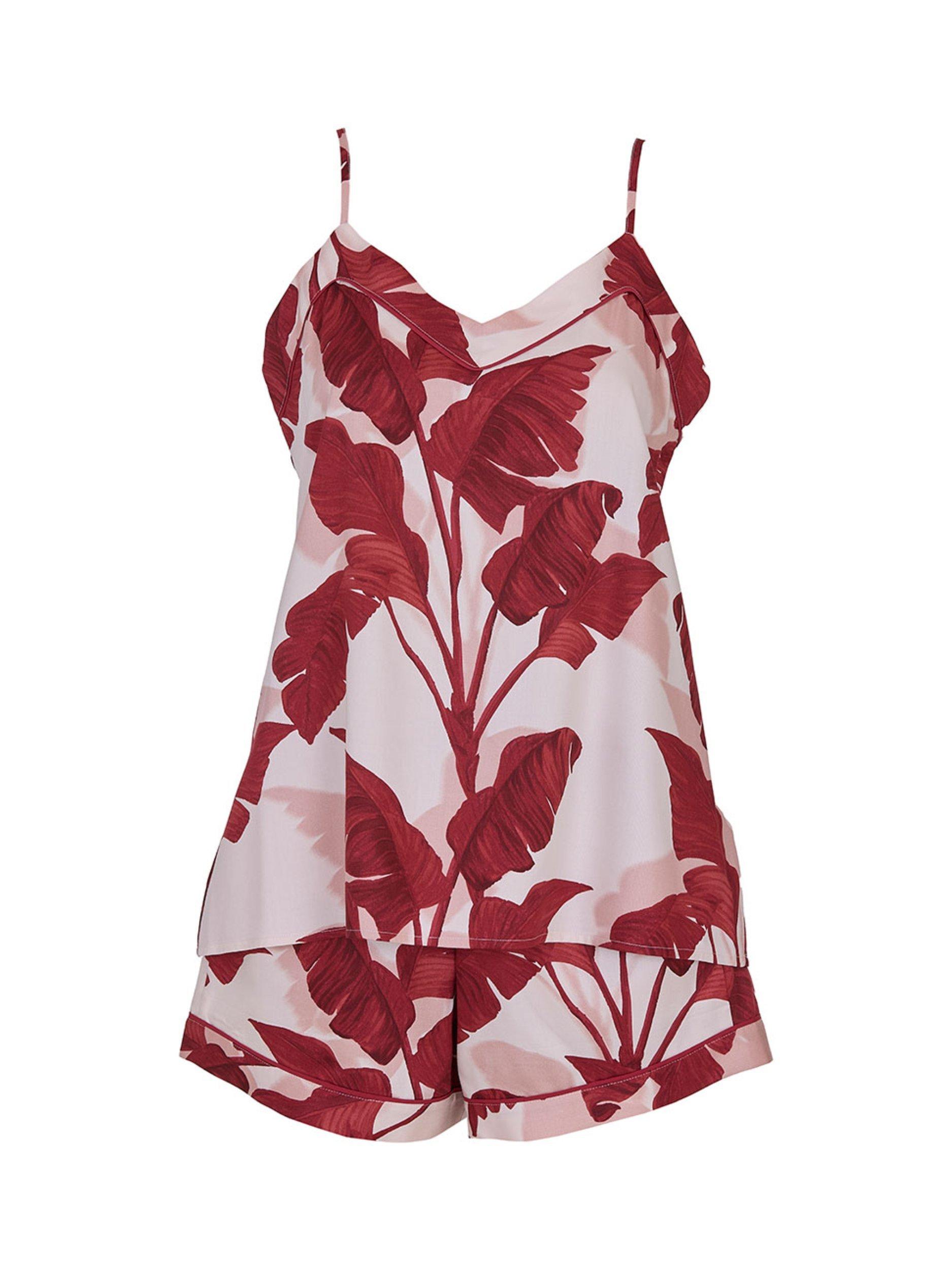 Product image 4 of 4, which shows Fable & Eve Shoreditch Leaf Print Shorty Pyjama Set, Red, 8