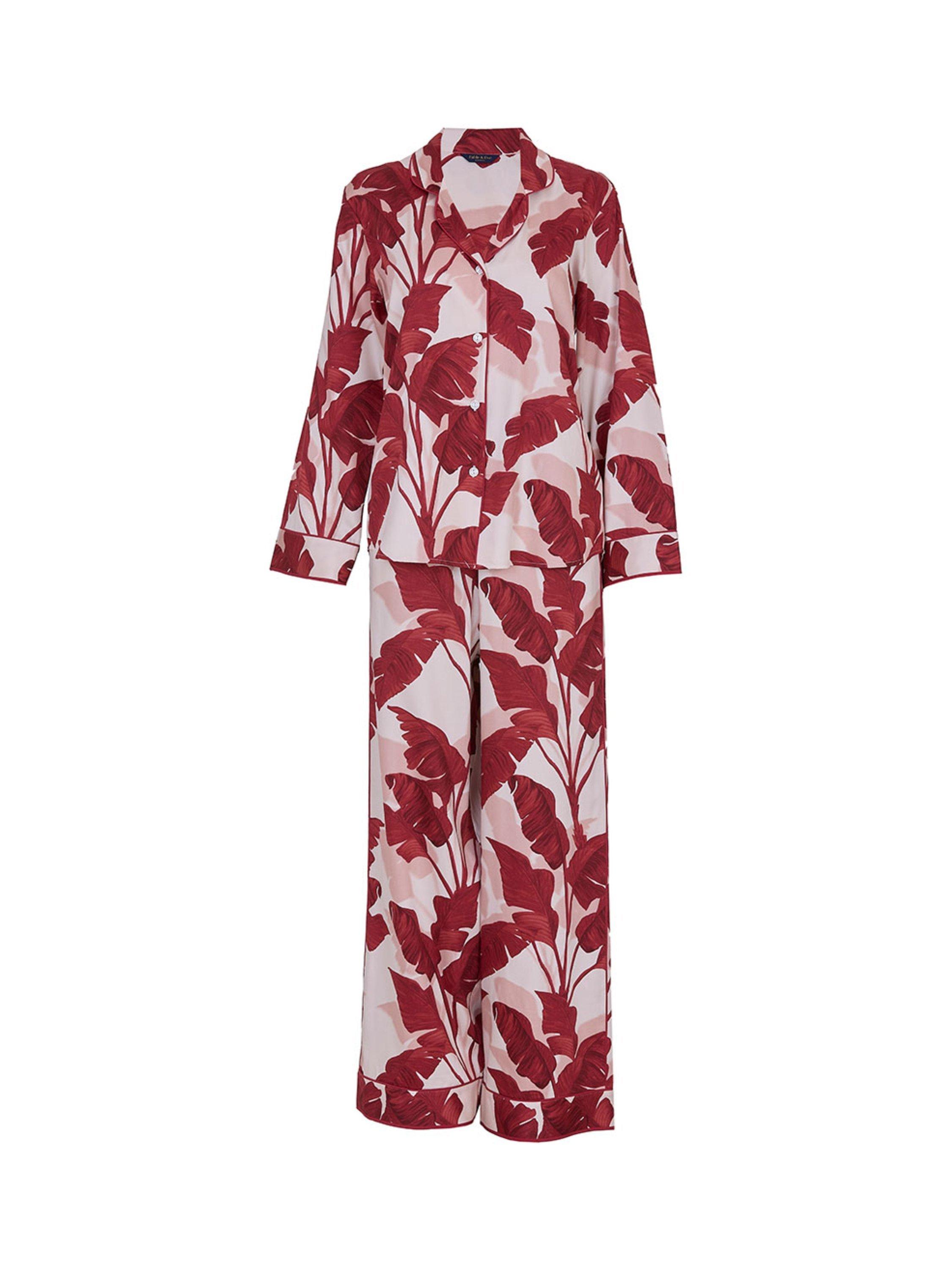 Product image 4 of 4, which shows Fable & Eve Shoreditch Leaf Print Long Pyjama Set, Red, 8