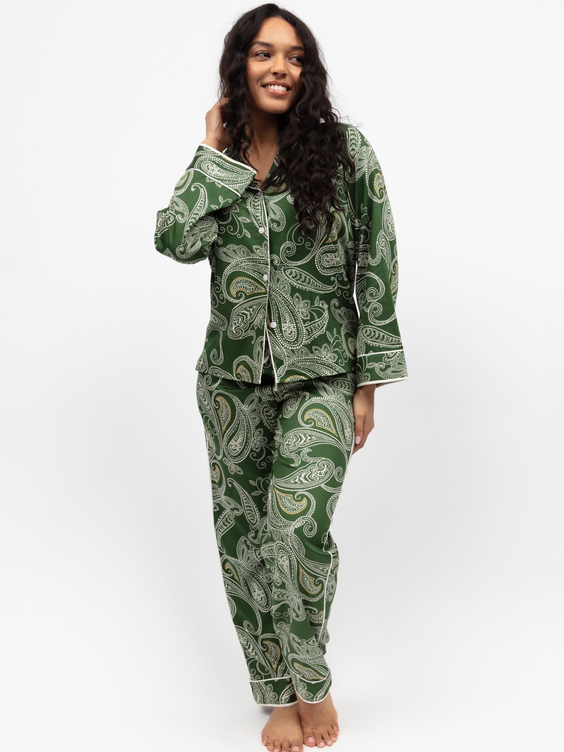 Product image 1 of 4, which shows Fable & Eve Maida Vale Paisley Long Sleeve Long Pyjama Set, Olive Green, 8