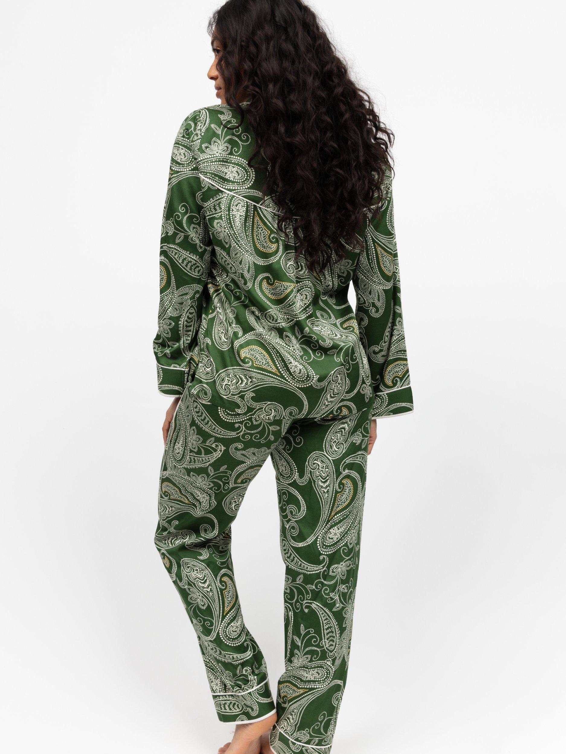 Product image 2 of 4, which shows Fable & Eve Maida Vale Paisley Long Sleeve Long Pyjama Set, Olive Green, 8