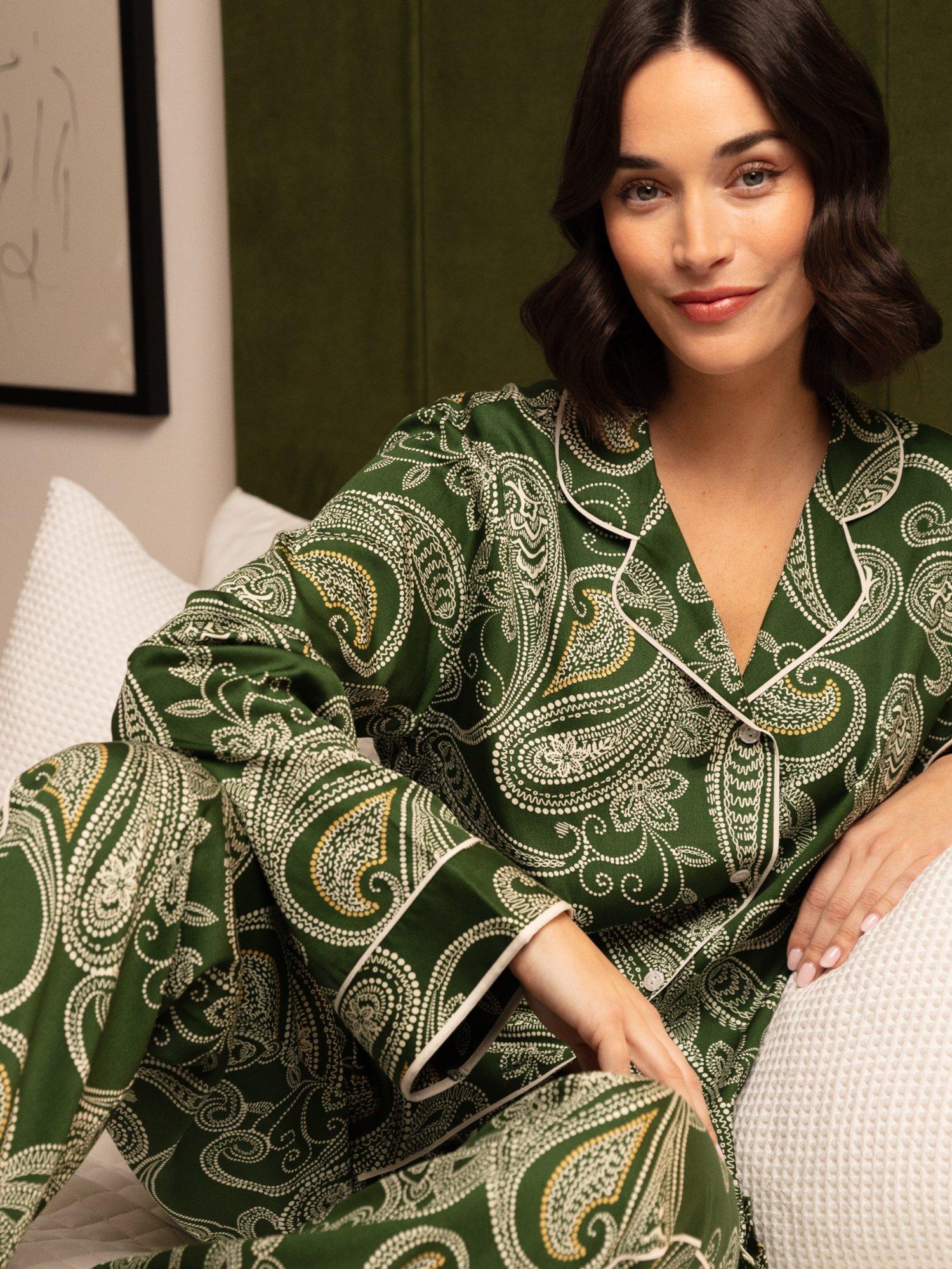 Product image 3 of 4, which shows Fable & Eve Maida Vale Paisley Long Sleeve Long Pyjama Set, Olive Green, 8