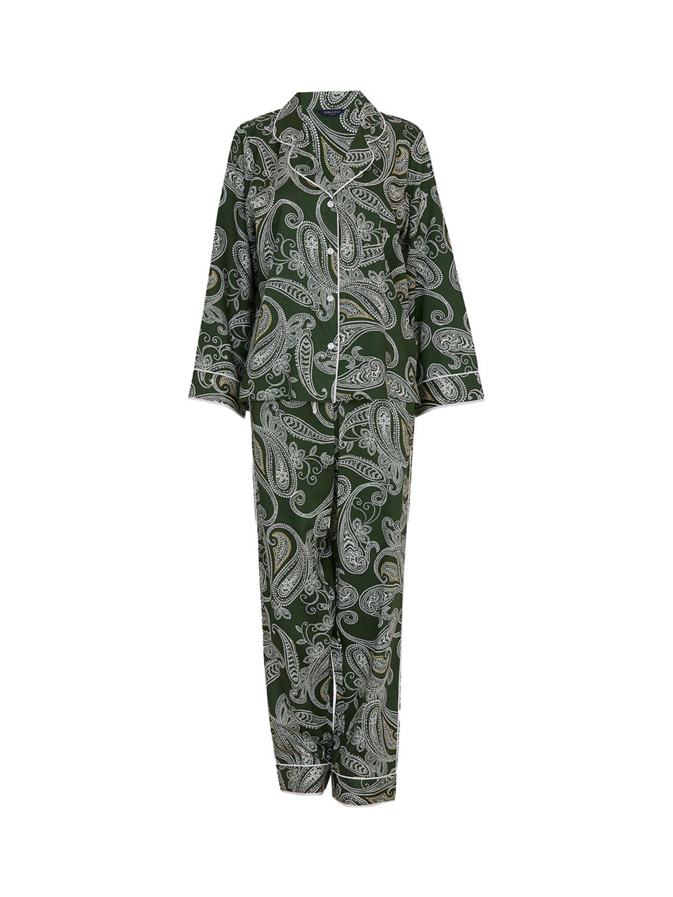 Product image 4 of 4, which shows Fable & Eve Maida Vale Paisley Long Sleeve Long Pyjama Set, Olive Green, 8